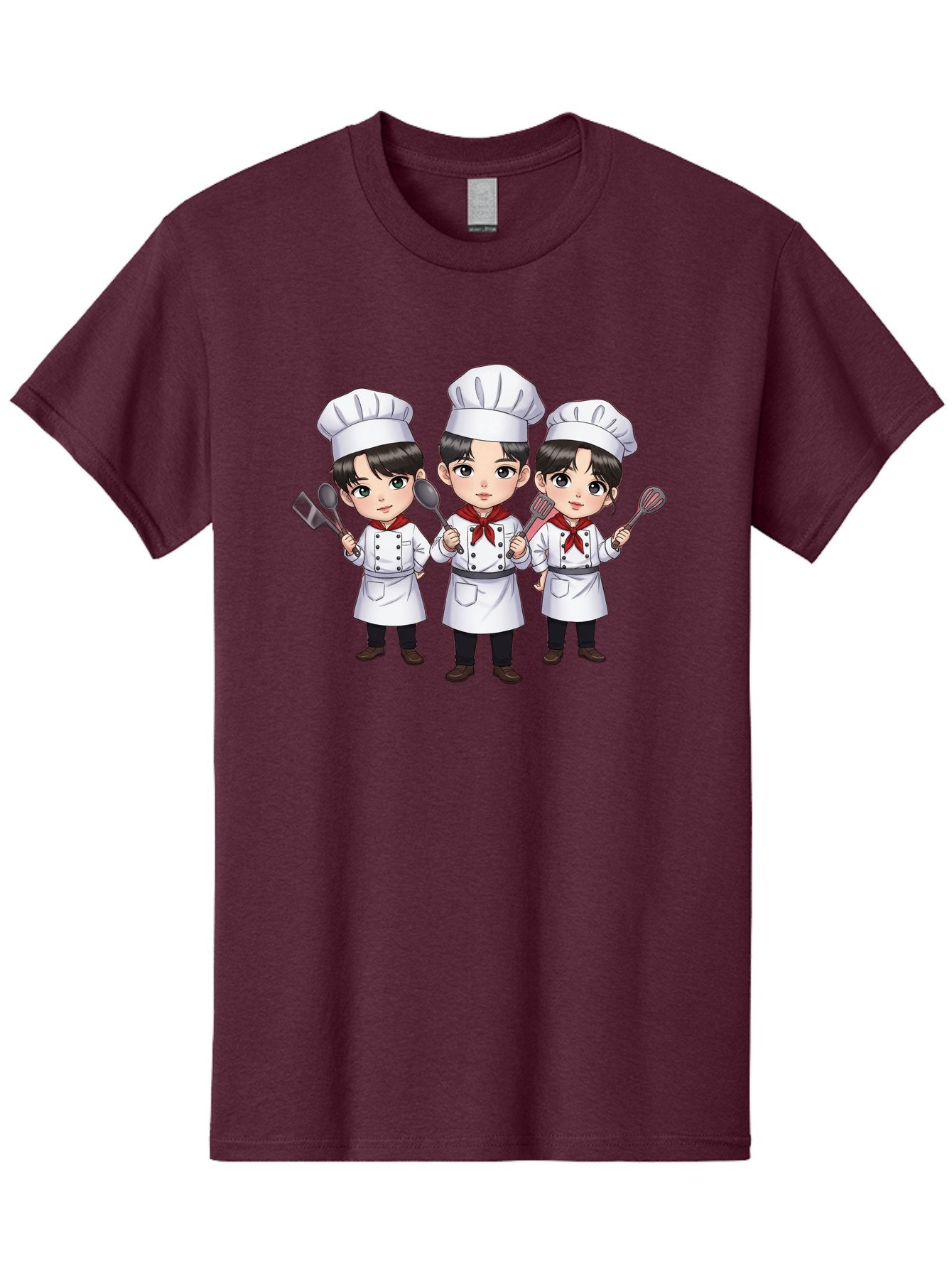 Three-Cartoon-Chefs Men'S Graphic Tee, 100% Cotton, Comfortable Casual Summer Wear, Machine Washable, Cartoon Chefs, Cooking Utensils, Kitchen Staff, Chef Hats, White Coats, Red Neckerchiefs, Cooking Tools, Ladle, Spatula, Whisk Bac512 15
