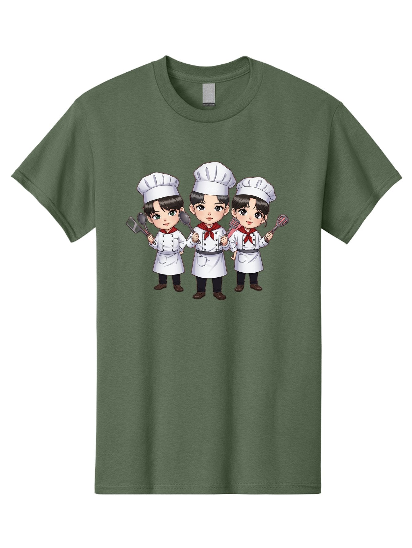 Three-Cartoon-Chefs Men'S Graphic Tee, 100% Cotton, Comfortable Casual Summer Wear, Machine Washable, Cartoon Chefs, Cooking Utensils, Kitchen Staff, Chef Hats, White Coats, Red Neckerchiefs, Cooking Tools, Ladle, Spatula, Whisk Bac512 7