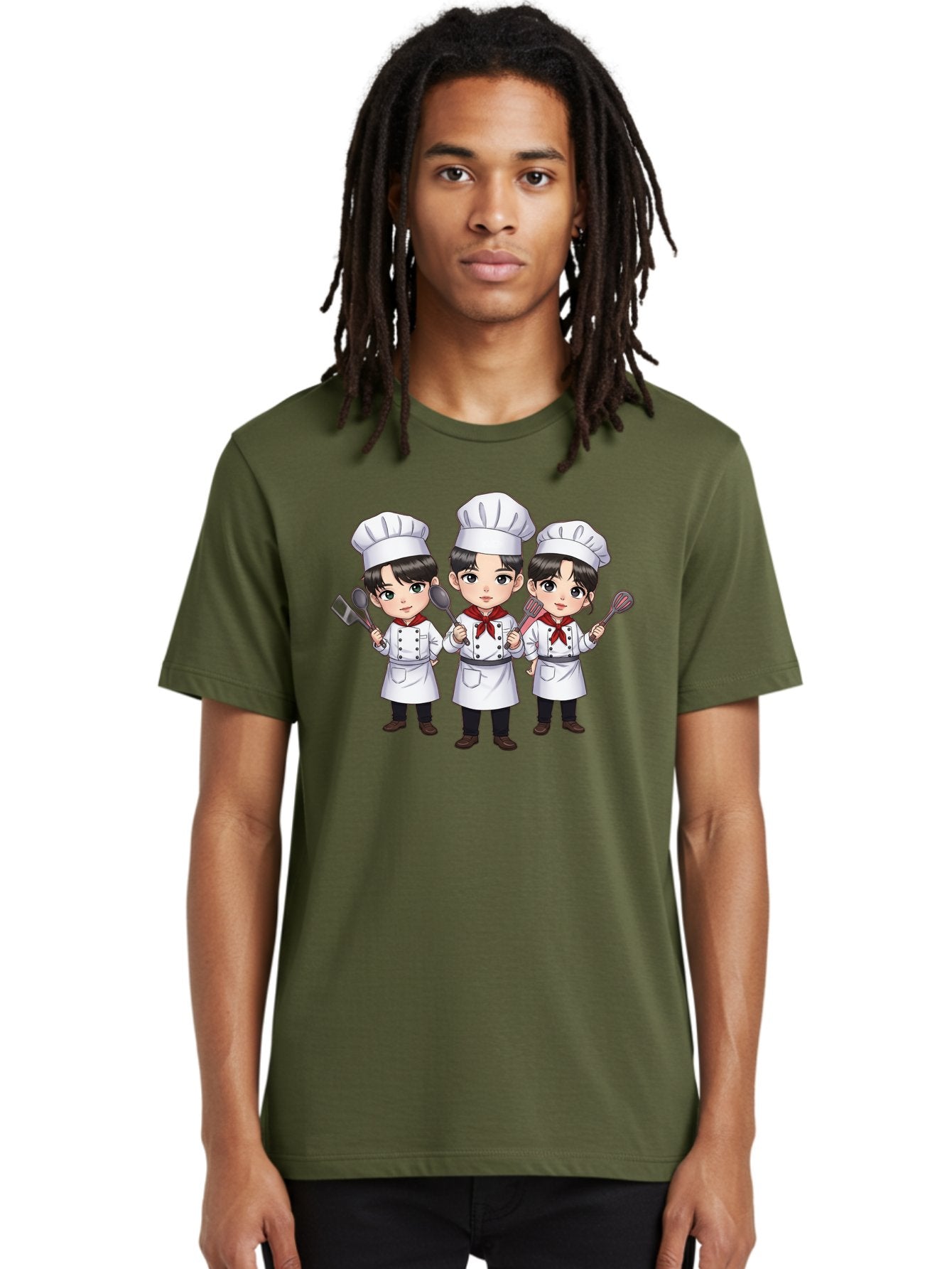Three-Cartoon-Chefs Men'S Graphic Tee, 100% Cotton, Comfortable Casual Summer Wear, Machine Washable, Cartoon Chefs, Cooking Utensils, Kitchen Staff, Chef Hats, White Coats, Red Neckerchiefs, Cooking Tools, Ladle, Spatula, Whisk Bac512 16
