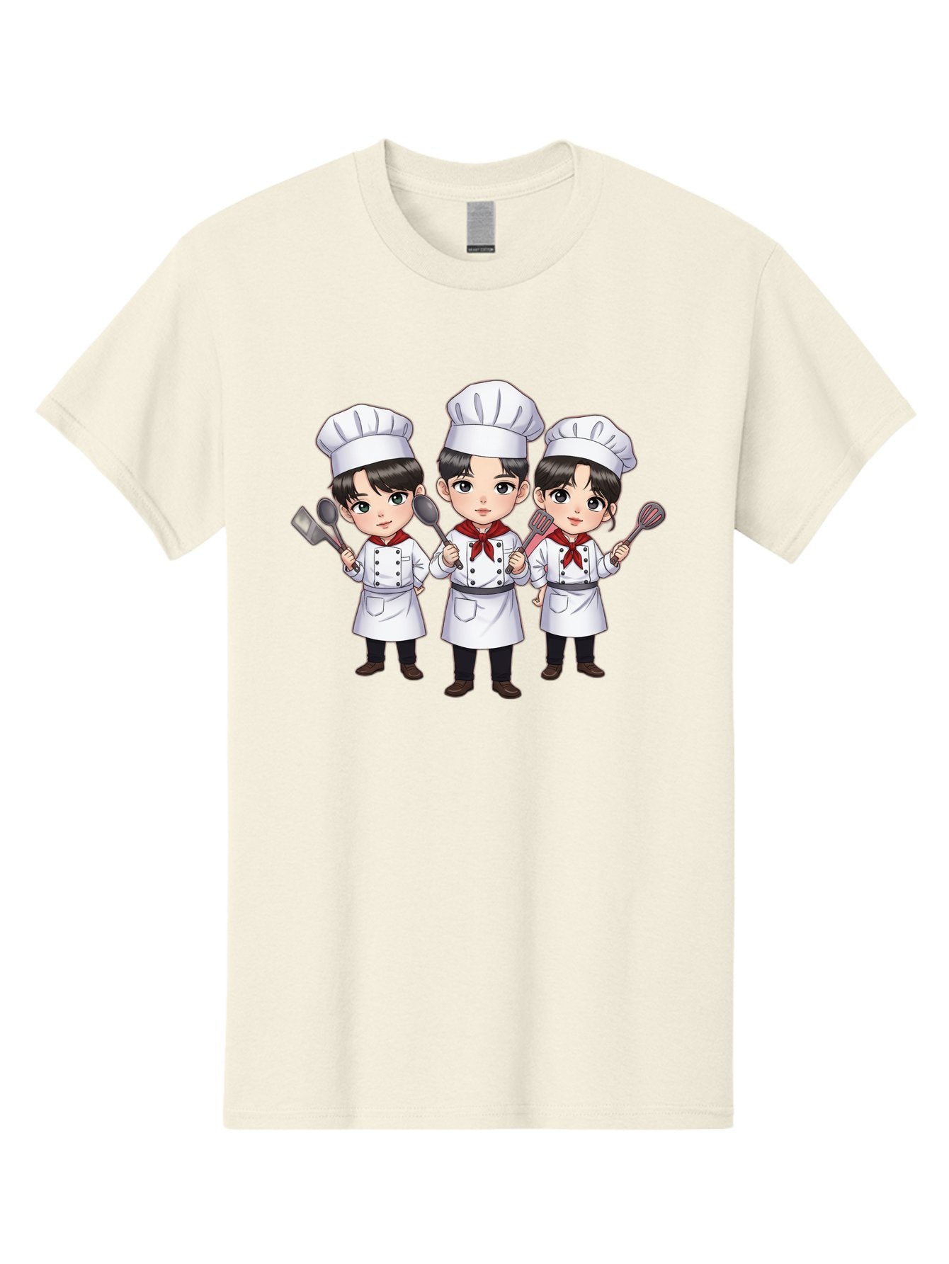 Three-Cartoon-Chefs Men'S Graphic Tee, 100% Cotton, Comfortable Casual Summer Wear, Machine Washable, Cartoon Chefs, Cooking Utensils, Kitchen Staff, Chef Hats, White Coats, Red Neckerchiefs, Cooking Tools, Ladle, Spatula, Whisk Bac512 4