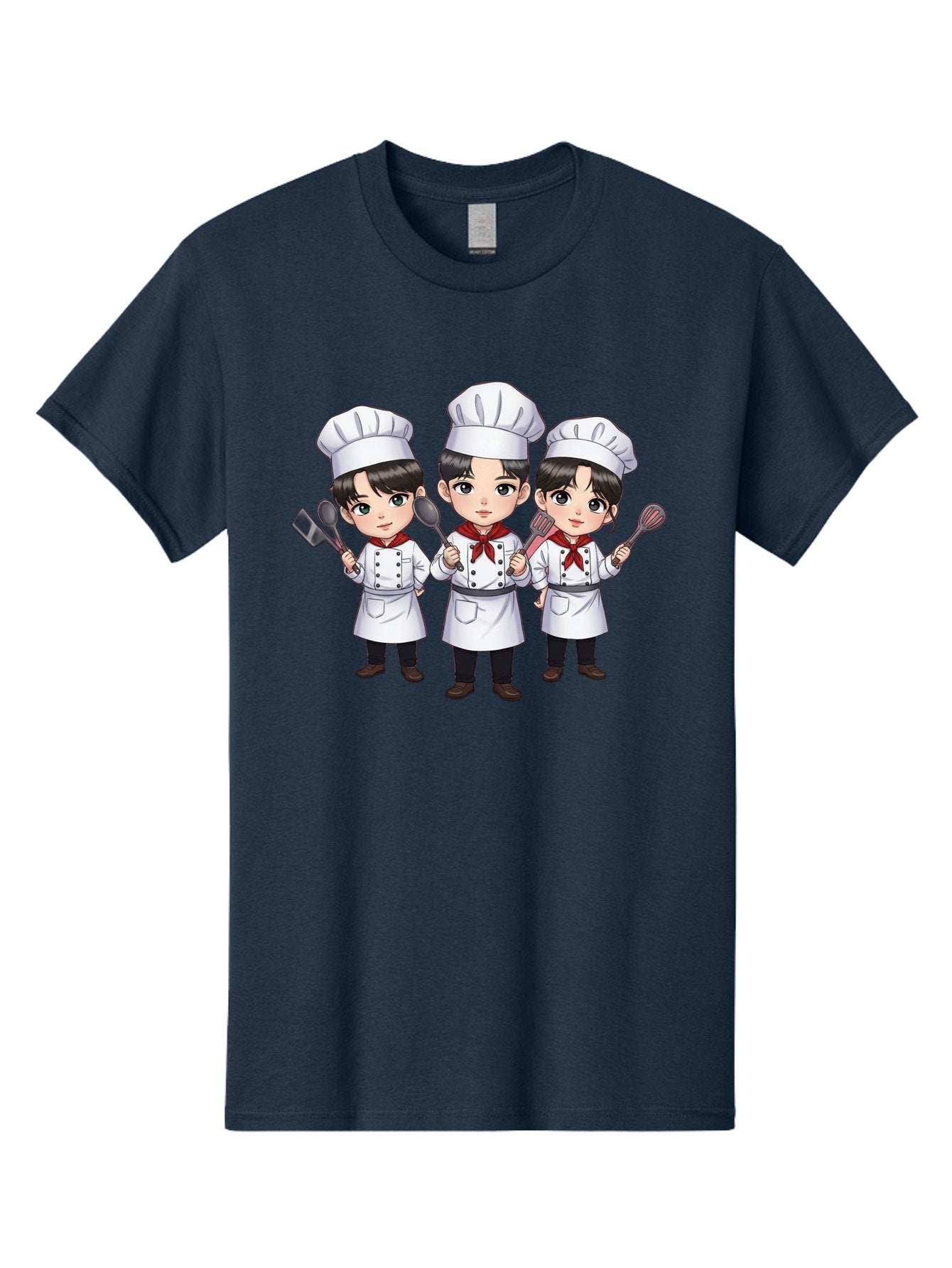 Three-Cartoon-Chefs Men'S Graphic Tee, 100% Cotton, Comfortable Casual Summer Wear, Machine Washable, Cartoon Chefs, Cooking Utensils, Kitchen Staff, Chef Hats, White Coats, Red Neckerchiefs, Cooking Tools, Ladle, Spatula, Whisk Bac512 12