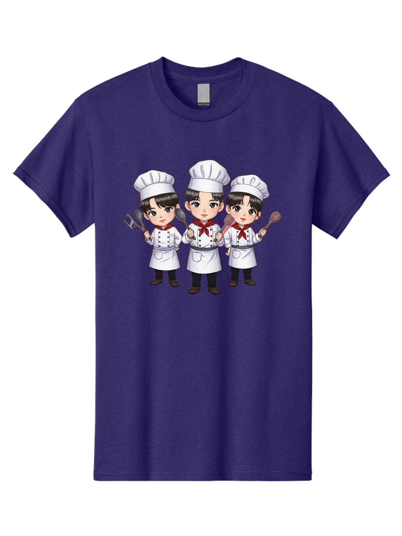 Three-Cartoon-Chefs Men'S Graphic Tee, 100% Cotton, Comfortable Casual Summer Wear, Machine Washable, Cartoon Chefs, Cooking Utensils, Kitchen Staff, Chef Hats, White Coats, Red Neckerchiefs, Cooking Tools, Ladle, Spatula, Whisk Bac512 5