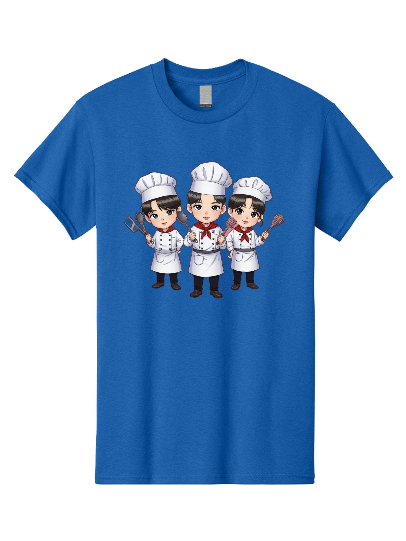 Three-Cartoon-Chefs Men'S Graphic Tee, 100% Cotton, Comfortable Casual Summer Wear, Machine Washable, Cartoon Chefs, Cooking Utensils, Kitchen Staff, Chef Hats, White Coats, Red Neckerchiefs, Cooking Tools, Ladle, Spatula, Whisk Bac512 11