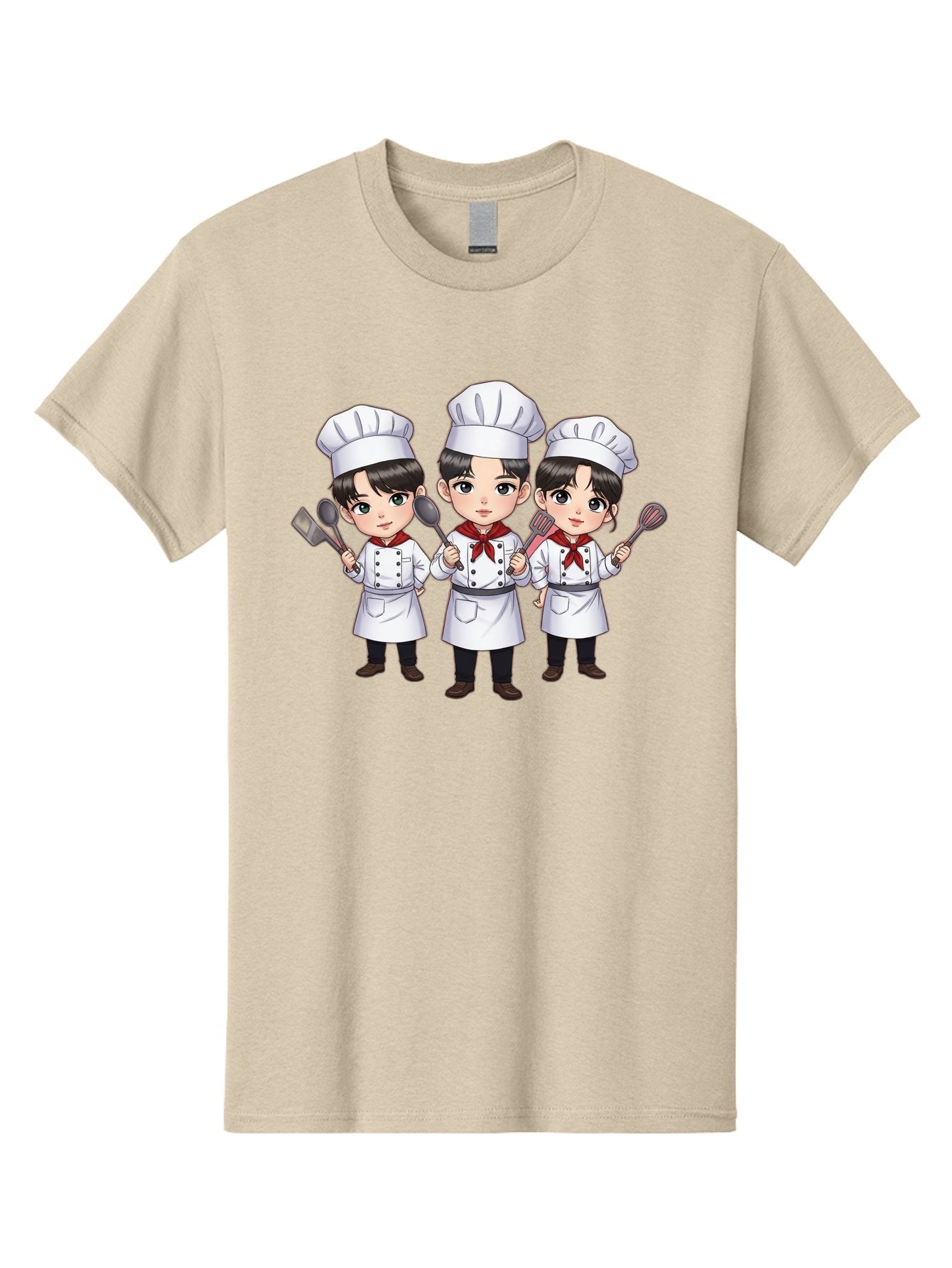 Three-Cartoon-Chefs Men'S Graphic Tee, 100% Cotton, Comfortable Casual Summer Wear, Machine Washable, Cartoon Chefs, Cooking Utensils, Kitchen Staff, Chef Hats, White Coats, Red Neckerchiefs, Cooking Tools, Ladle, Spatula, Whisk Bac512 3