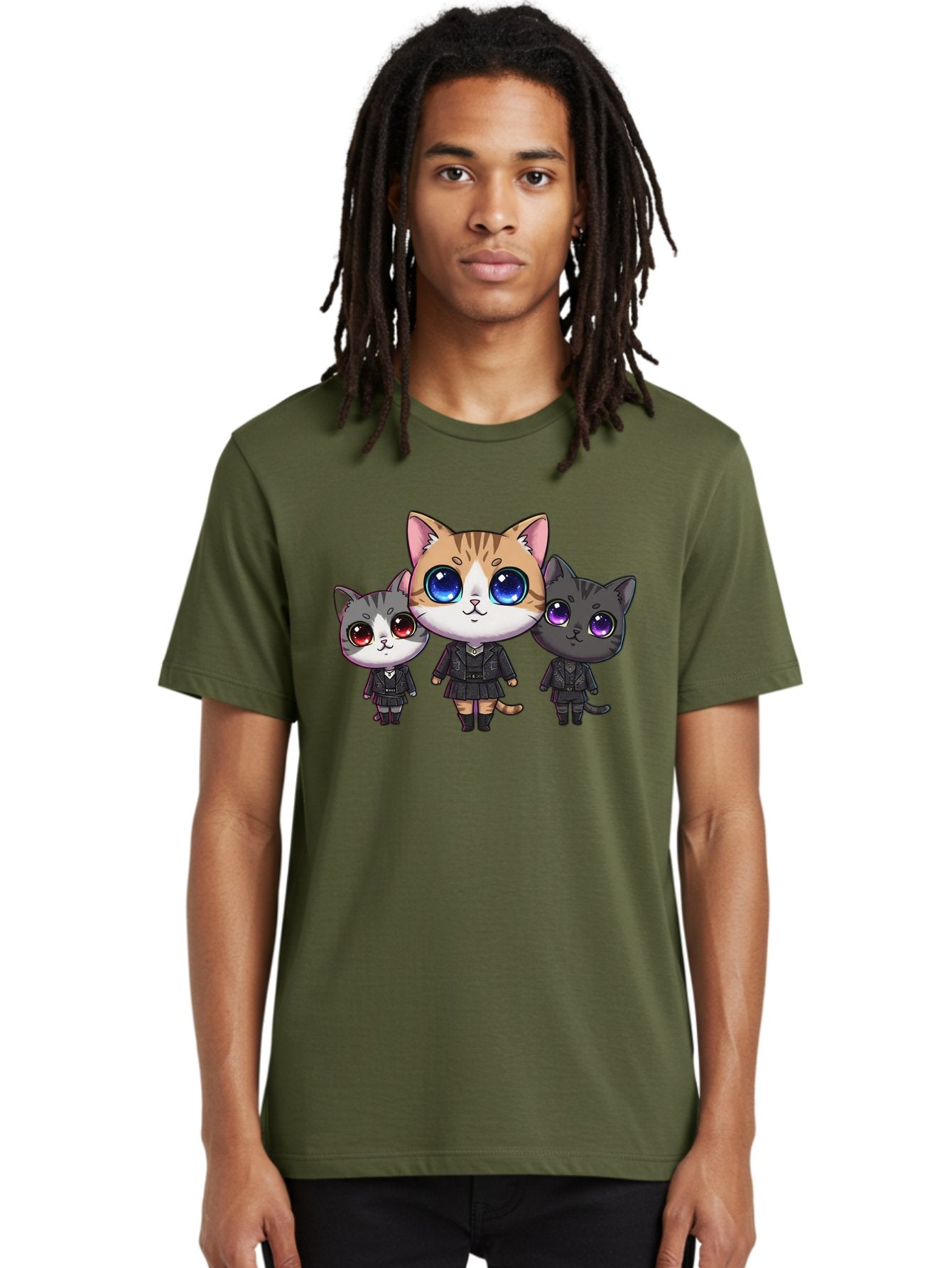 Three-Cats Men'S Graphic Tee, 100% Cotton, Comfortable Casual Summer Wear, Machine Washable, Cartoon Cats, Anime Style, Cute Cats, Kawaii Art, Cat Trio, Cartoon Characters, Stylized Cats, Large Eyes, Dressed Cats, Feline Friends, Digital Art, Bac513 17