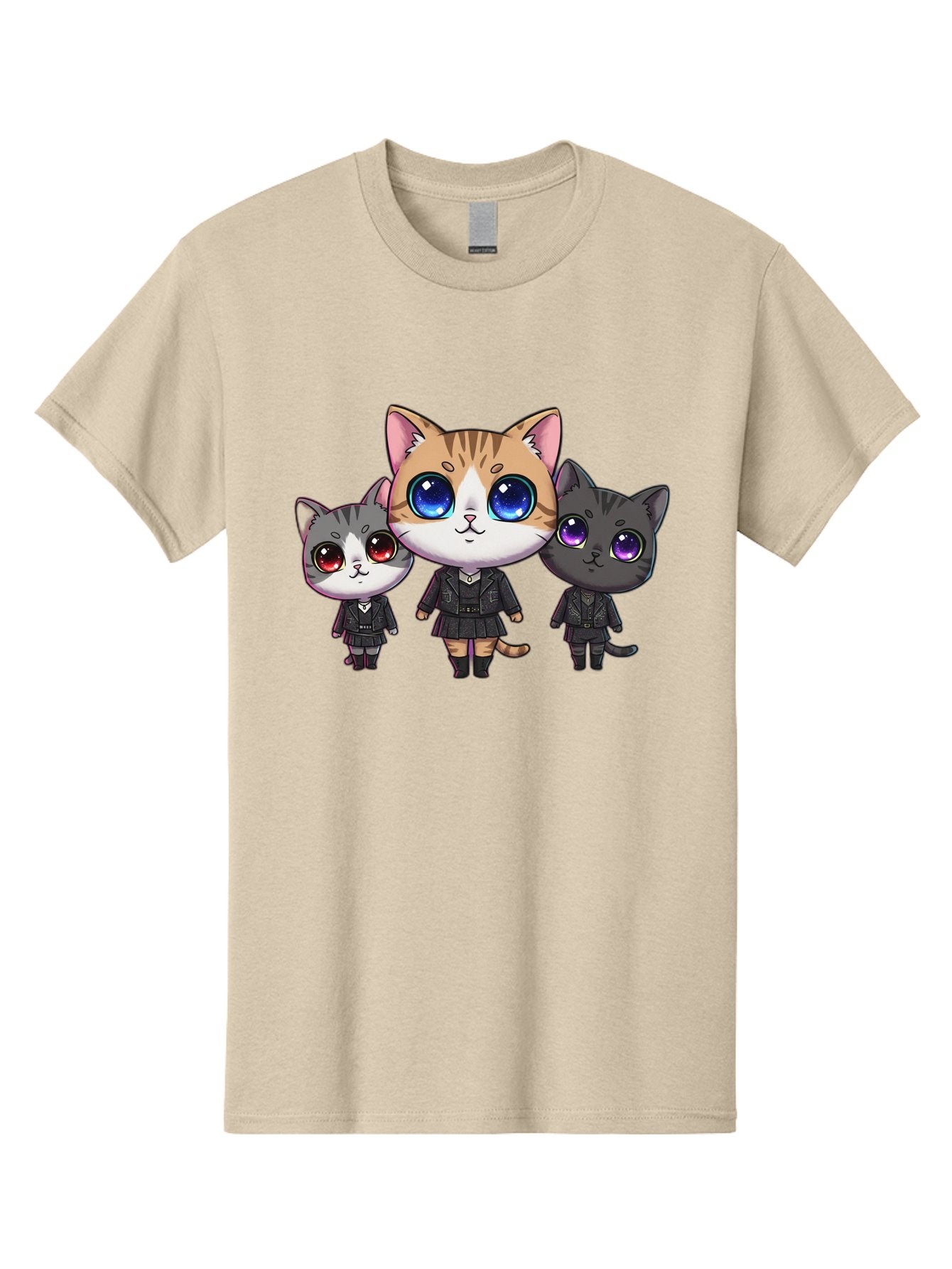 Three-Cats Men'S Graphic Tee, 100% Cotton, Comfortable Casual Summer Wear, Machine Washable, Cartoon Cats, Anime Style, Cute Cats, Kawaii Art, Cat Trio, Cartoon Characters, Stylized Cats, Large Eyes, Dressed Cats, Feline Friends, Digital Art, Bac513