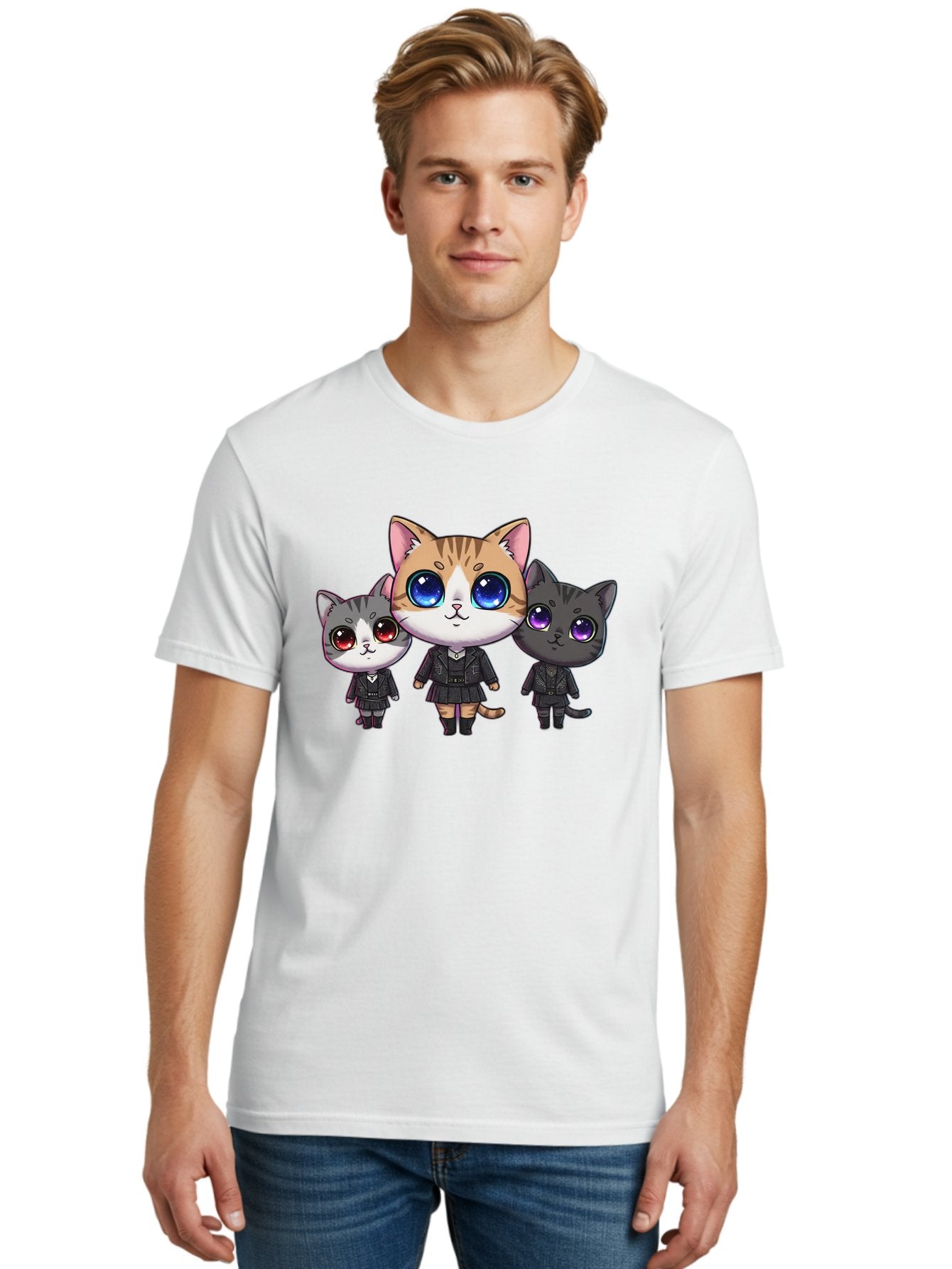 Three-Cats Men'S Graphic Tee, 100% Cotton, Comfortable Casual Summer Wear, Machine Washable, Cartoon Cats, Anime Style, Cute Cats, Kawaii Art, Cat Trio, Cartoon Characters, Stylized Cats, Large Eyes, Dressed Cats, Feline Friends, Digital Art, Bac513 24