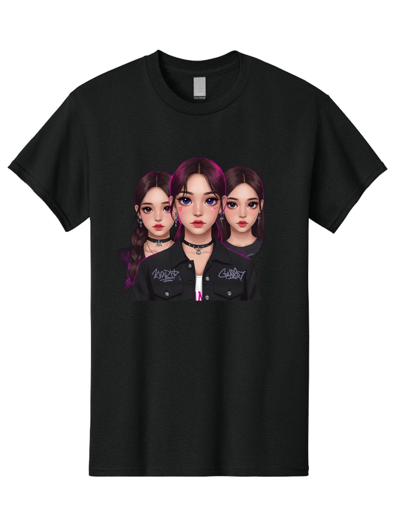 Three-Faced-Woman-Portrait Men'S Graphic Tee, 100% Cotton, Comfortable Casual Summer Wear, Machine Washable, K-Pop Idols, Fashion Style, Edgy Look, Dark Hair, Bold Makeup, Choker Necklaces, Graffiti Jacket, Girl Power, Korean Pop Culture Bac515 9