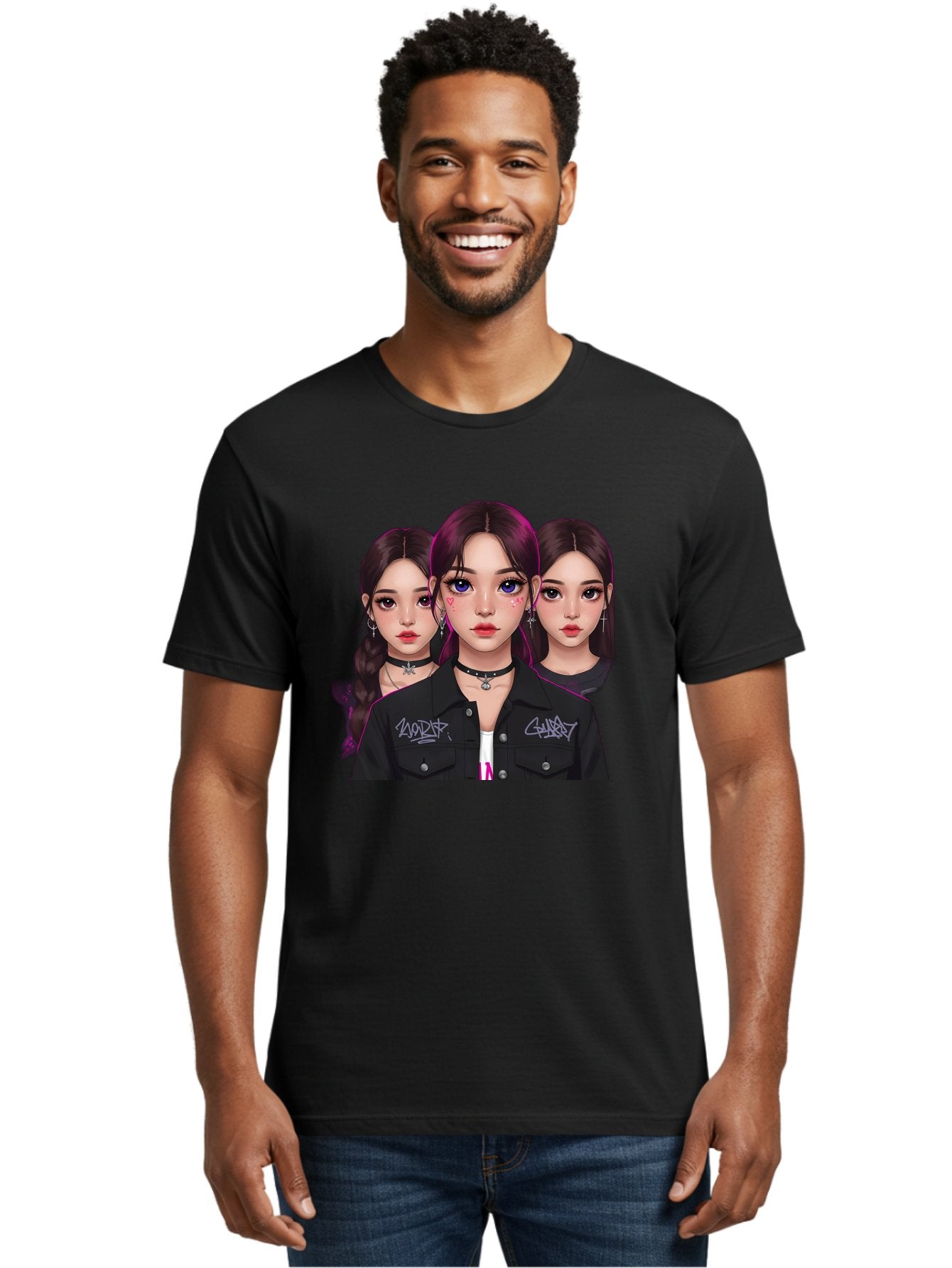 Three-Faced-Woman-Portrait Men'S Graphic Tee, 100% Cotton, Comfortable Casual Summer Wear, Machine Washable, K-Pop Idols, Fashion Style, Edgy Look, Dark Hair, Bold Makeup, Choker Necklaces, Graffiti Jacket, Girl Power, Korean Pop Culture Bac515 26
