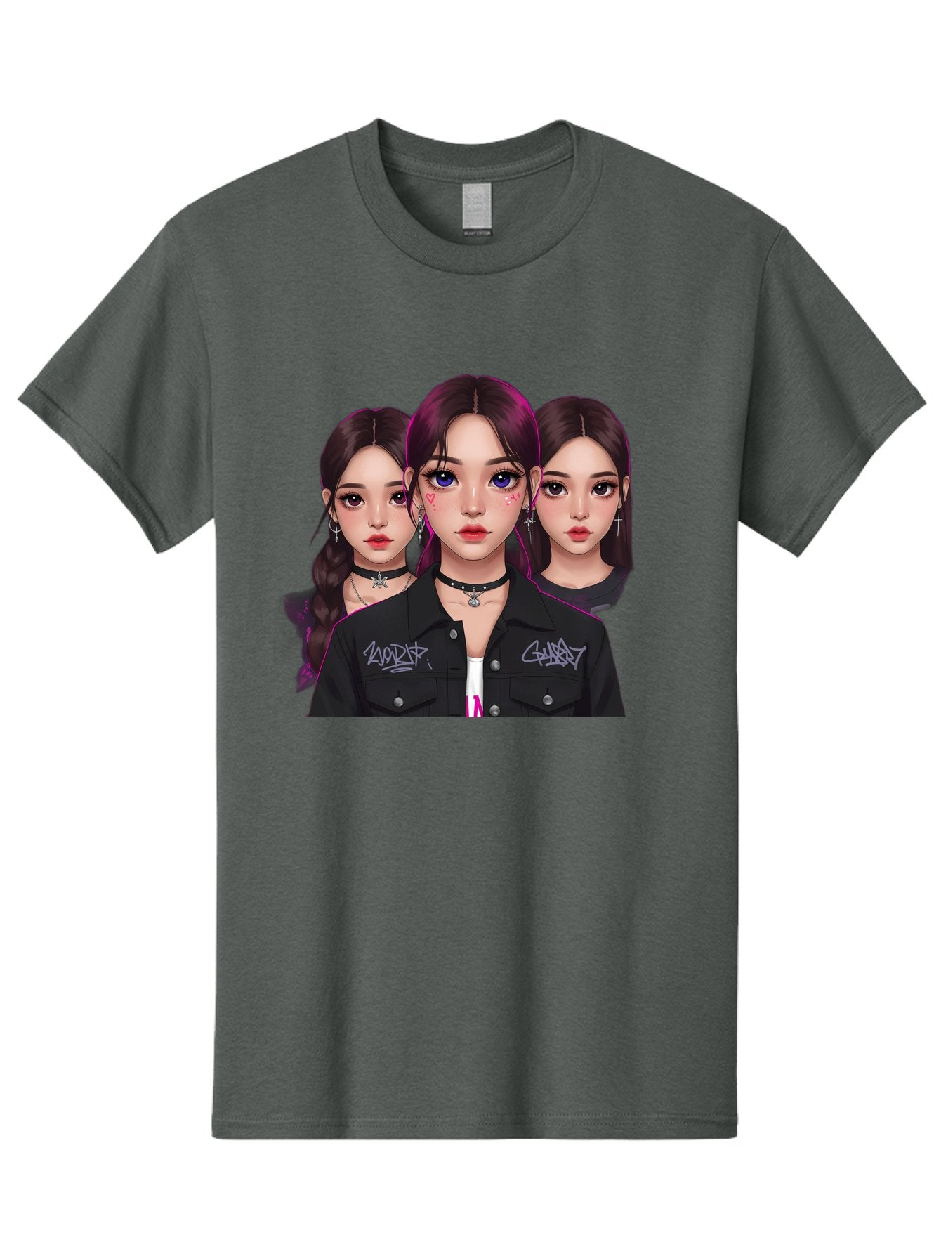 Three-Faced-Woman-Portrait Men'S Graphic Tee, 100% Cotton, Comfortable Casual Summer Wear, Machine Washable, K-Pop Idols, Fashion Style, Edgy Look, Dark Hair, Bold Makeup, Choker Necklaces, Graffiti Jacket, Girl Power, Korean Pop Culture Bac515 4