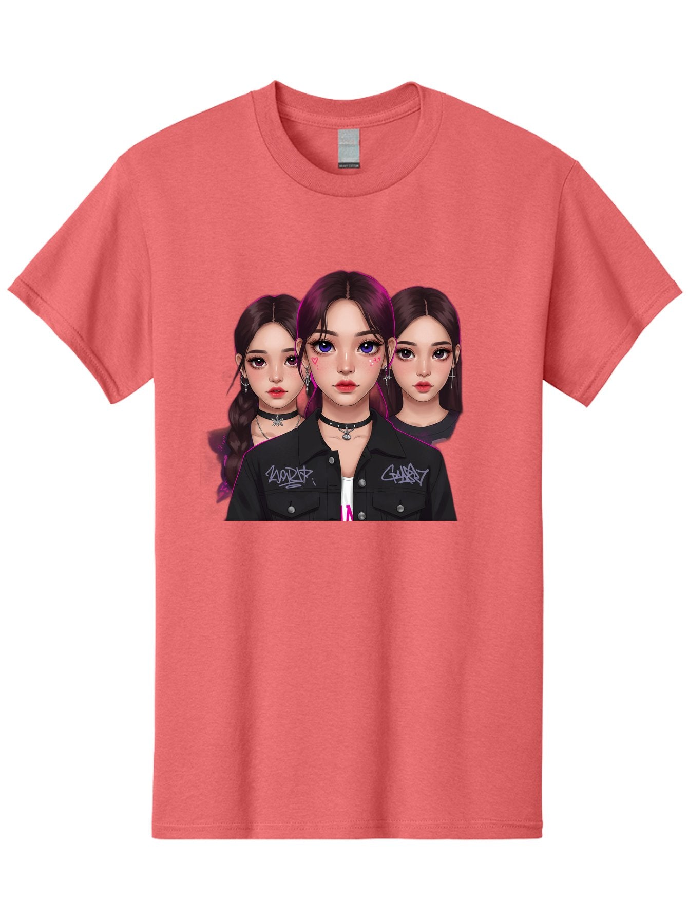 Three-Faced-Woman-Portrait Men'S Graphic Tee, 100% Cotton, Comfortable Casual Summer Wear, Machine Washable, K-Pop Idols, Fashion Style, Edgy Look, Dark Hair, Bold Makeup, Choker Necklaces, Graffiti Jacket, Girl Power, Korean Pop Culture Bac515 14