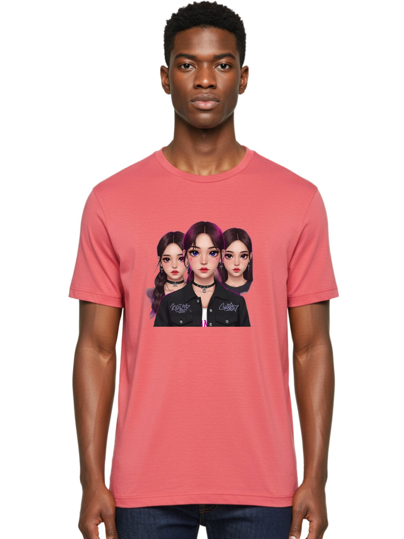 Three-Faced-Woman-Portrait Men'S Graphic Tee, 100% Cotton, Comfortable Casual Summer Wear, Machine Washable, K-Pop Idols, Fashion Style, Edgy Look, Dark Hair, Bold Makeup, Choker Necklaces, Graffiti Jacket, Girl Power, Korean Pop Culture Bac515 29