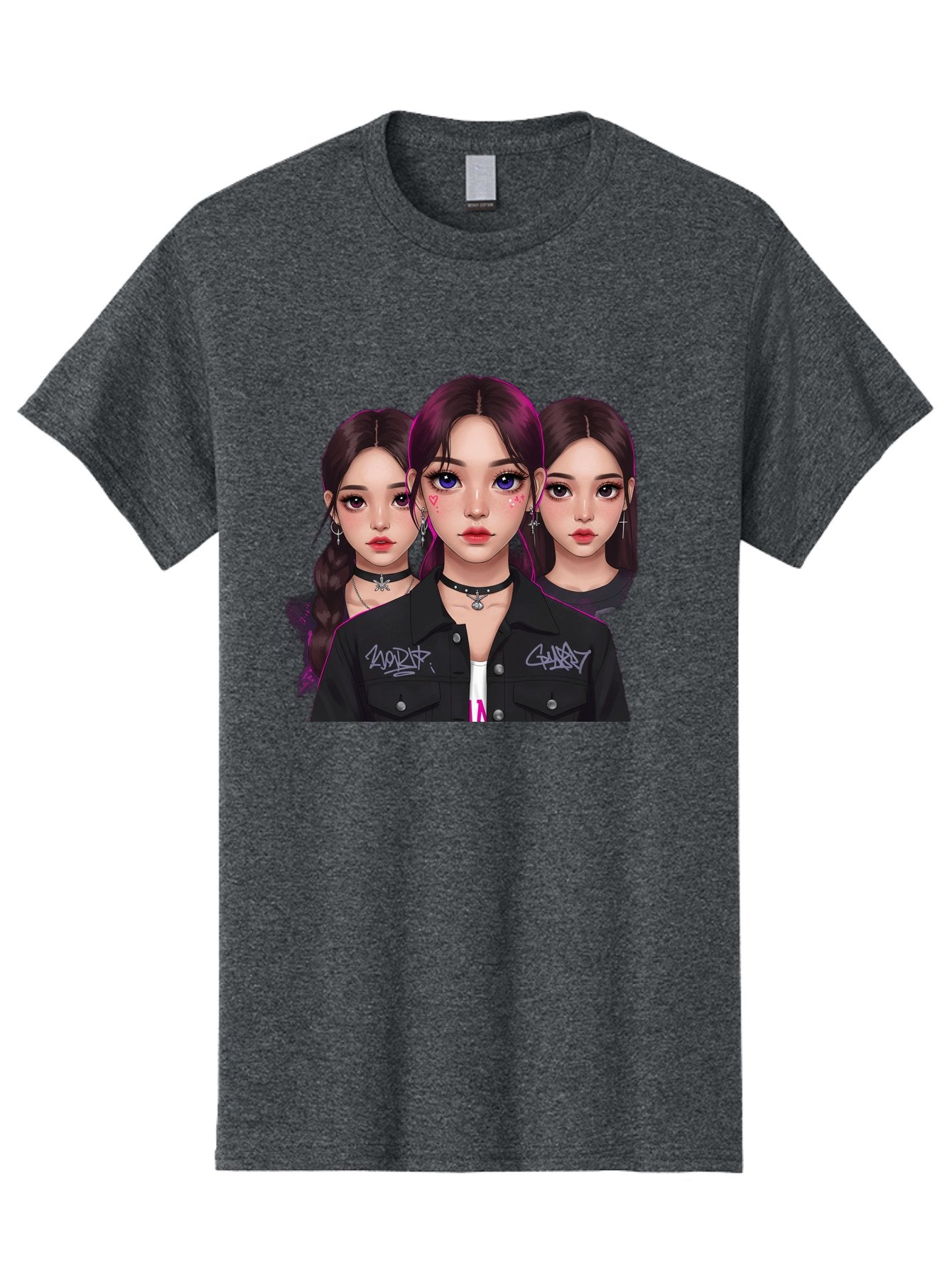 Three-Faced-Woman-Portrait Men'S Graphic Tee, 100% Cotton, Comfortable Casual Summer Wear, Machine Washable, K-Pop Idols, Fashion Style, Edgy Look, Dark Hair, Bold Makeup, Choker Necklaces, Graffiti Jacket, Girl Power, Korean Pop Culture Bac515 5