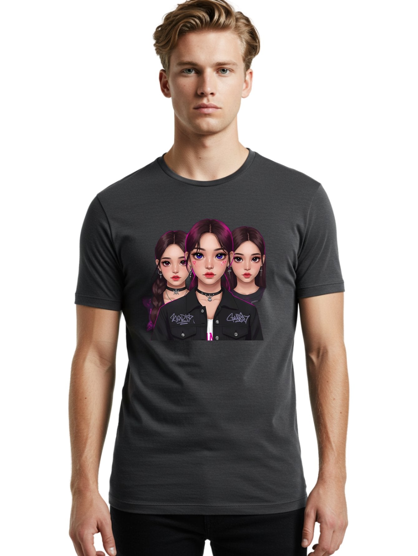 Three-Faced-Woman-Portrait Men'S Graphic Tee, 100% Cotton, Comfortable Casual Summer Wear, Machine Washable, K-Pop Idols, Fashion Style, Edgy Look, Dark Hair, Bold Makeup, Choker Necklaces, Graffiti Jacket, Girl Power, Korean Pop Culture Bac515 23
