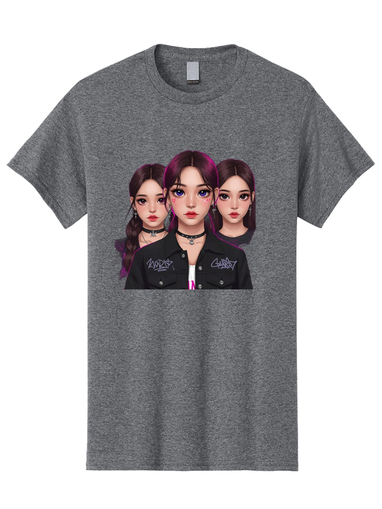 Three-Faced-Woman-Portrait Men'S Graphic Tee, 100% Cotton, Comfortable Casual Summer Wear, Machine Washable, K-Pop Idols, Fashion Style, Edgy Look, Dark Hair, Bold Makeup, Choker Necklaces, Graffiti Jacket, Girl Power, Korean Pop Culture Bac515 12