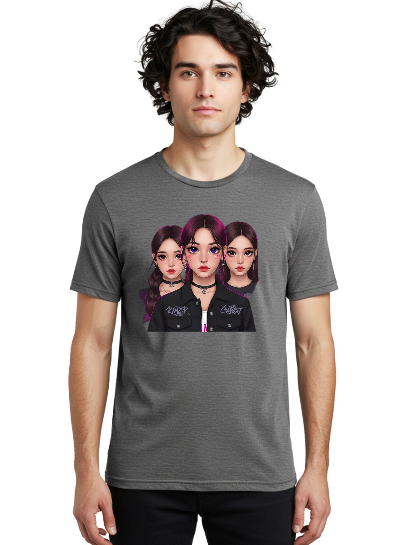Three-Faced-Woman-Portrait Men'S Graphic Tee, 100% Cotton, Comfortable Casual Summer Wear, Machine Washable, K-Pop Idols, Fashion Style, Edgy Look, Dark Hair, Bold Makeup, Choker Necklaces, Graffiti Jacket, Girl Power, Korean Pop Culture Bac515 28