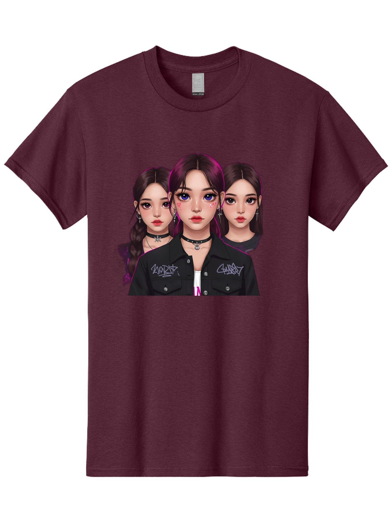 Three-Faced-Woman-Portrait Men'S Graphic Tee, 100% Cotton, Comfortable Casual Summer Wear, Machine Washable, K-Pop Idols, Fashion Style, Edgy Look, Dark Hair, Bold Makeup, Choker Necklaces, Graffiti Jacket, Girl Power, Korean Pop Culture Bac515 6