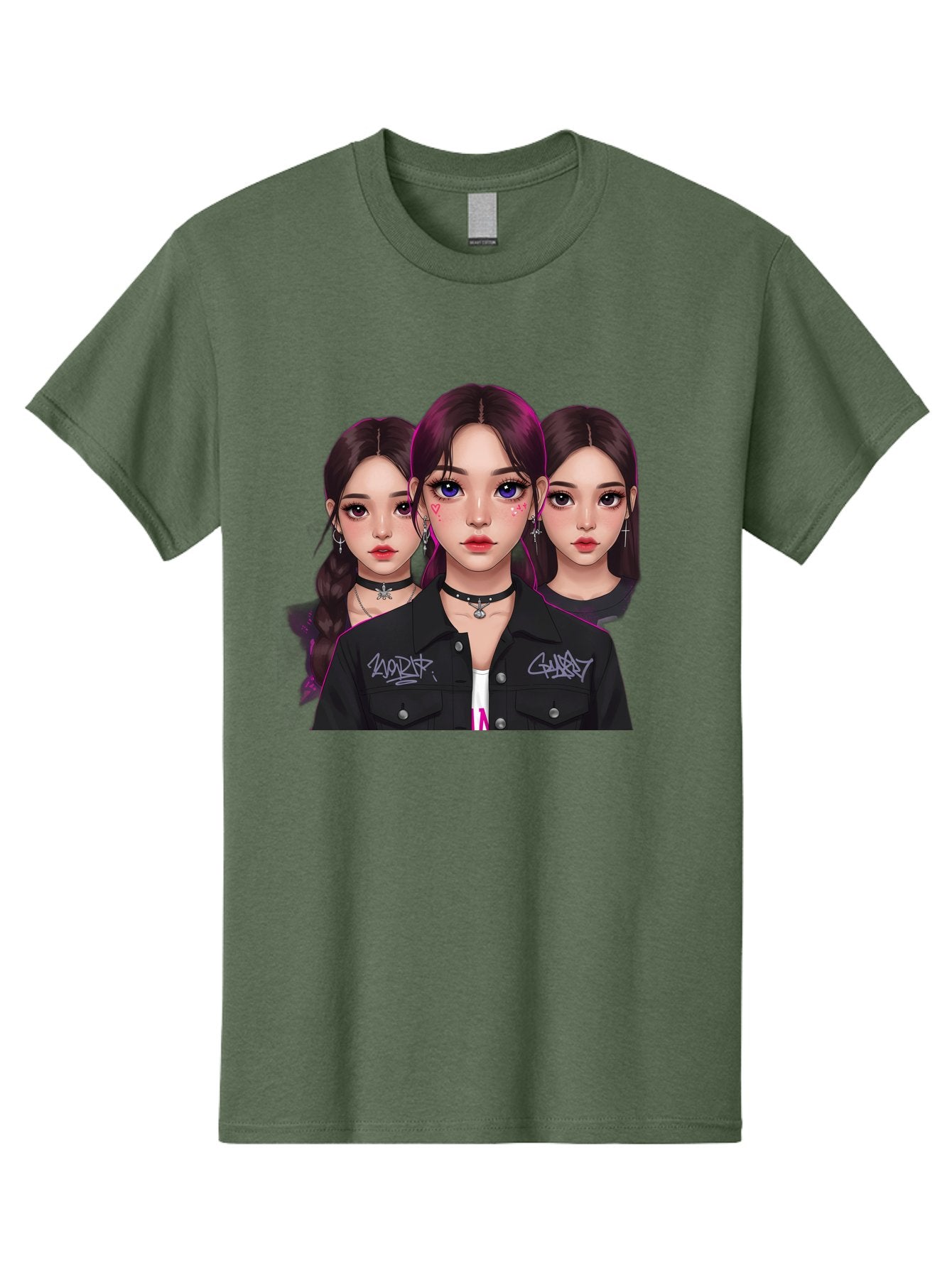 Three-Faced-Woman-Portrait Men'S Graphic Tee, 100% Cotton, Comfortable Casual Summer Wear, Machine Washable, K-Pop Idols, Fashion Style, Edgy Look, Dark Hair, Bold Makeup, Choker Necklaces, Graffiti Jacket, Girl Power, Korean Pop Culture Bac515 7