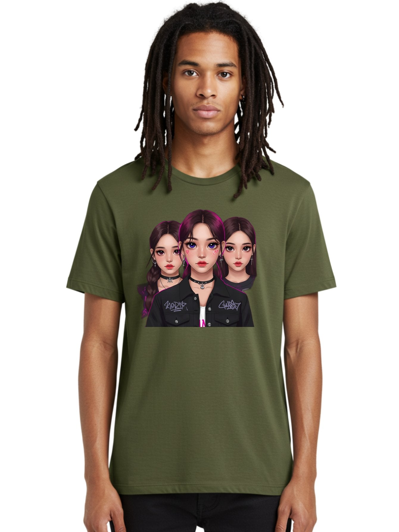 Three-Faced-Woman-Portrait Men'S Graphic Tee, 100% Cotton, Comfortable Casual Summer Wear, Machine Washable, K-Pop Idols, Fashion Style, Edgy Look, Dark Hair, Bold Makeup, Choker Necklaces, Graffiti Jacket, Girl Power, Korean Pop Culture Bac515 16