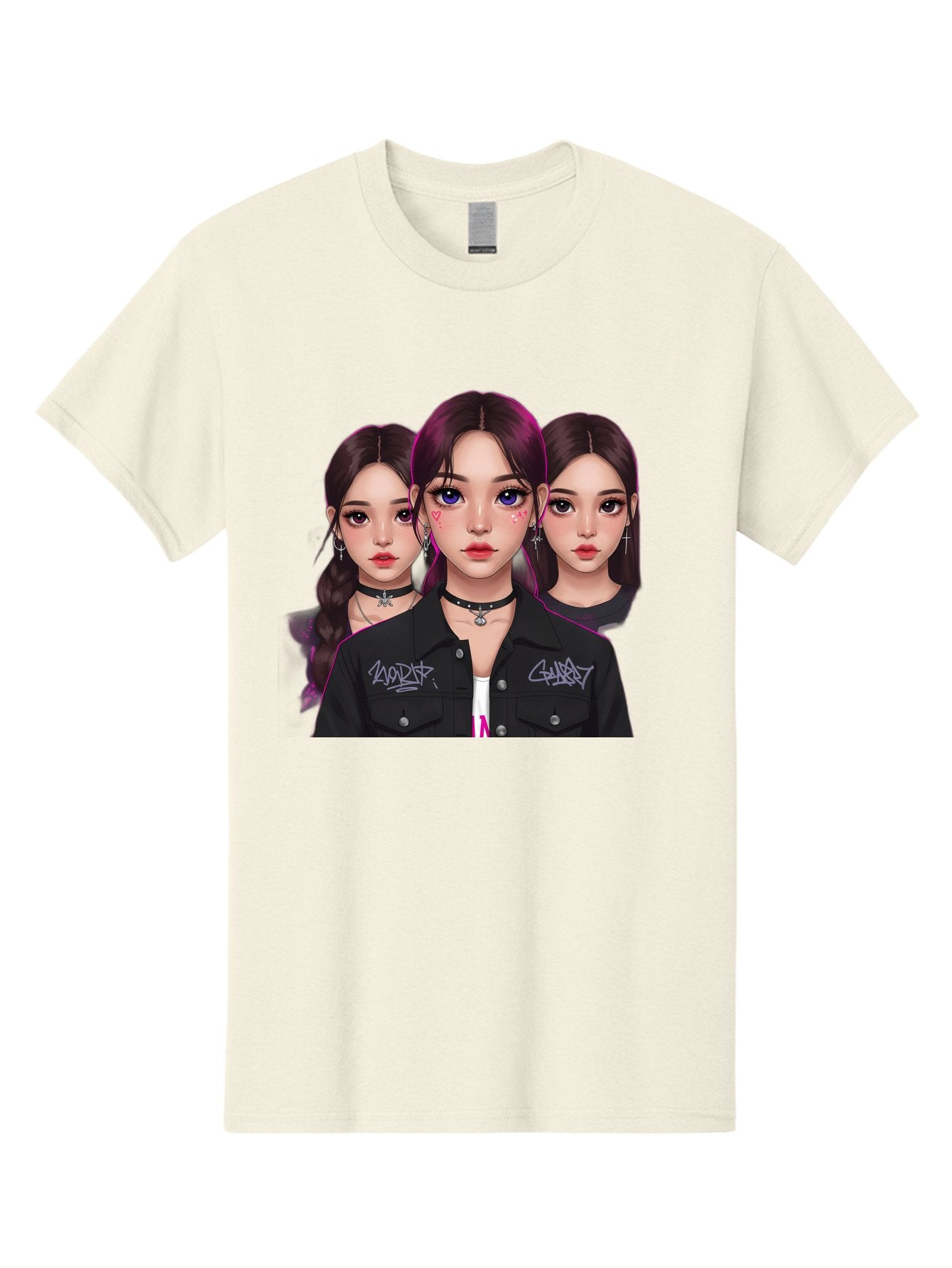 Three-Faced-Woman-Portrait Men'S Graphic Tee, 100% Cotton, Comfortable Casual Summer Wear, Machine Washable, K-Pop Idols, Fashion Style, Edgy Look, Dark Hair, Bold Makeup, Choker Necklaces, Graffiti Jacket, Girl Power, Korean Pop Culture Bac515 10