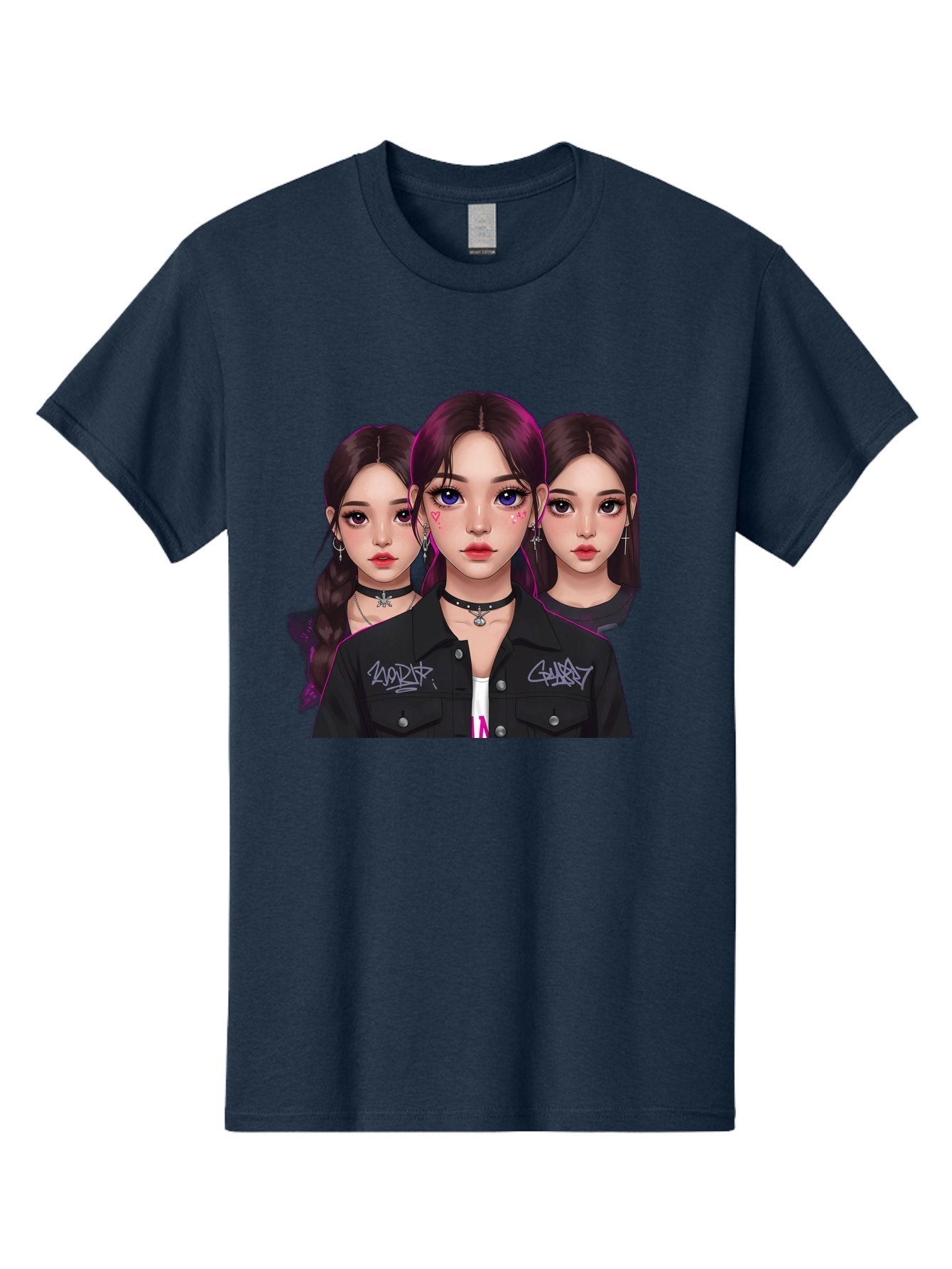 Three-Faced-Woman-Portrait Men'S Graphic Tee, 100% Cotton, Comfortable Casual Summer Wear, Machine Washable, K-Pop Idols, Fashion Style, Edgy Look, Dark Hair, Bold Makeup, Choker Necklaces, Graffiti Jacket, Girl Power, Korean Pop Culture Bac515