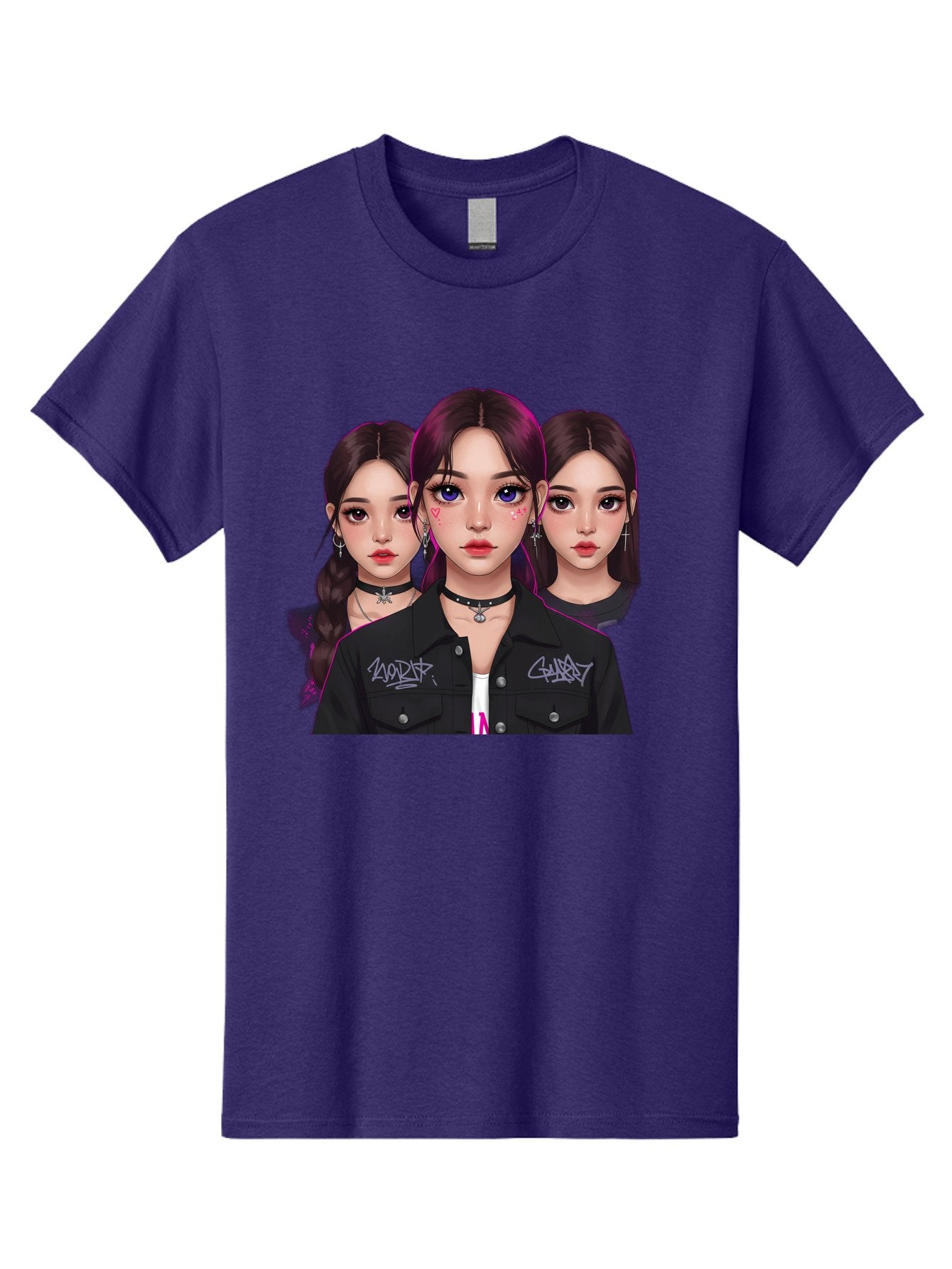 Three-Faced-Woman-Portrait Men'S Graphic Tee, 100% Cotton, Comfortable Casual Summer Wear, Machine Washable, K-Pop Idols, Fashion Style, Edgy Look, Dark Hair, Bold Makeup, Choker Necklaces, Graffiti Jacket, Girl Power, Korean Pop Culture Bac515 3