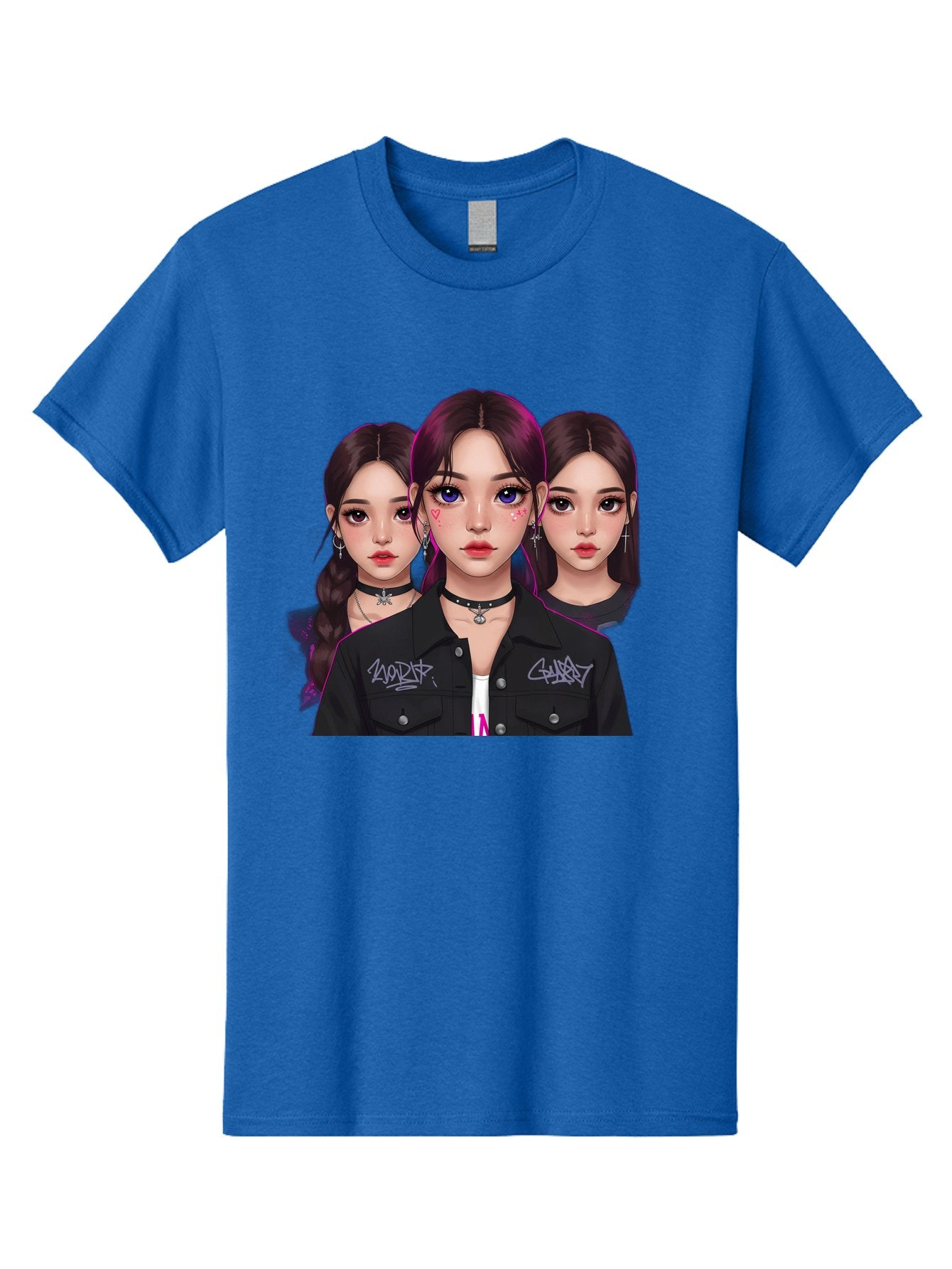 Three-Faced-Woman-Portrait Men'S Graphic Tee, 100% Cotton, Comfortable Casual Summer Wear, Machine Washable, K-Pop Idols, Fashion Style, Edgy Look, Dark Hair, Bold Makeup, Choker Necklaces, Graffiti Jacket, Girl Power, Korean Pop Culture Bac515 13