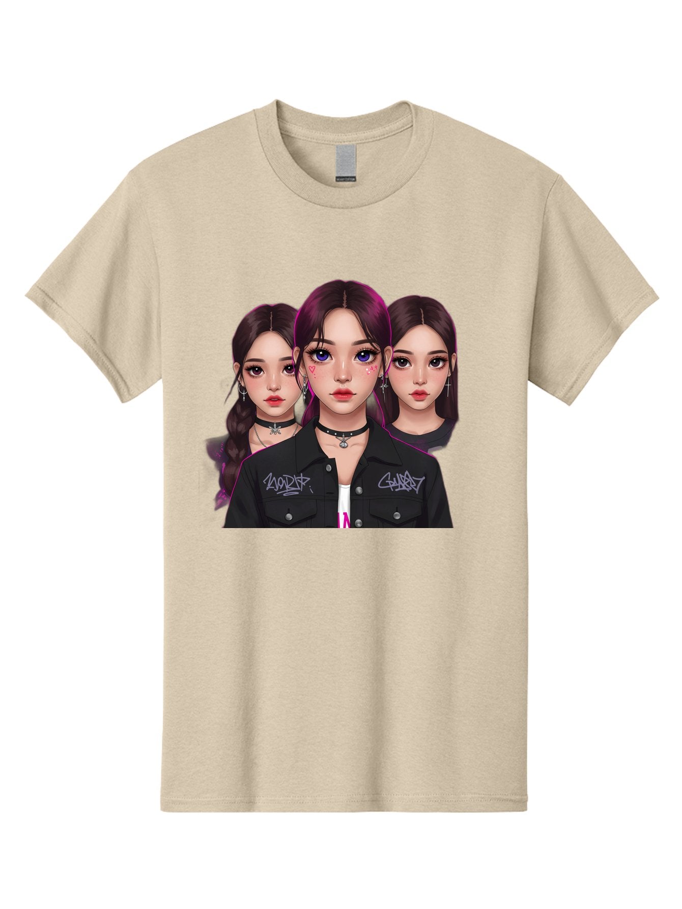 Three-Faced-Woman-Portrait Men'S Graphic Tee, 100% Cotton, Comfortable Casual Summer Wear, Machine Washable, K-Pop Idols, Fashion Style, Edgy Look, Dark Hair, Bold Makeup, Choker Necklaces, Graffiti Jacket, Girl Power, Korean Pop Culture Bac515 15