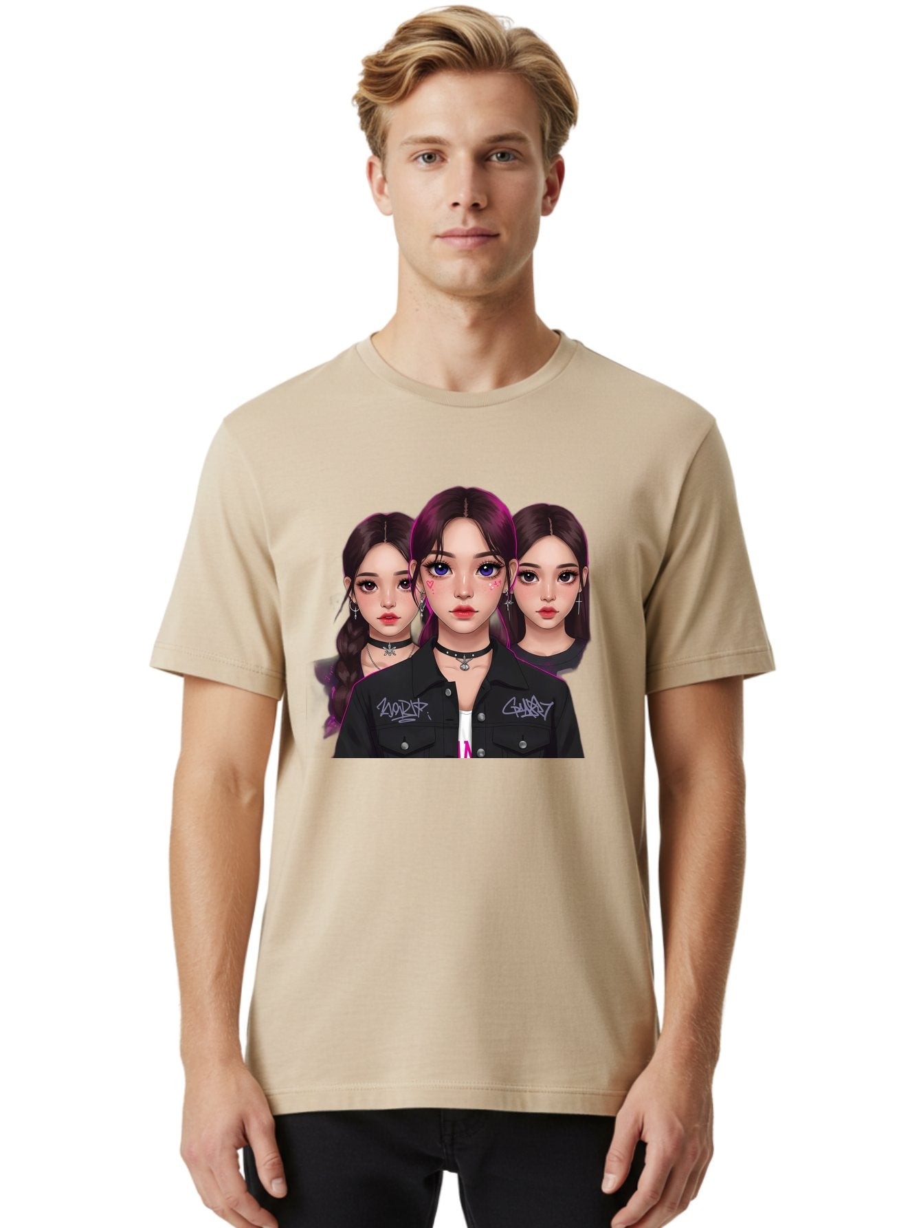 Three-Faced-Woman-Portrait Men'S Graphic Tee, 100% Cotton, Comfortable Casual Summer Wear, Machine Washable, K-Pop Idols, Fashion Style, Edgy Look, Dark Hair, Bold Makeup, Choker Necklaces, Graffiti Jacket, Girl Power, Korean Pop Culture Bac515 30