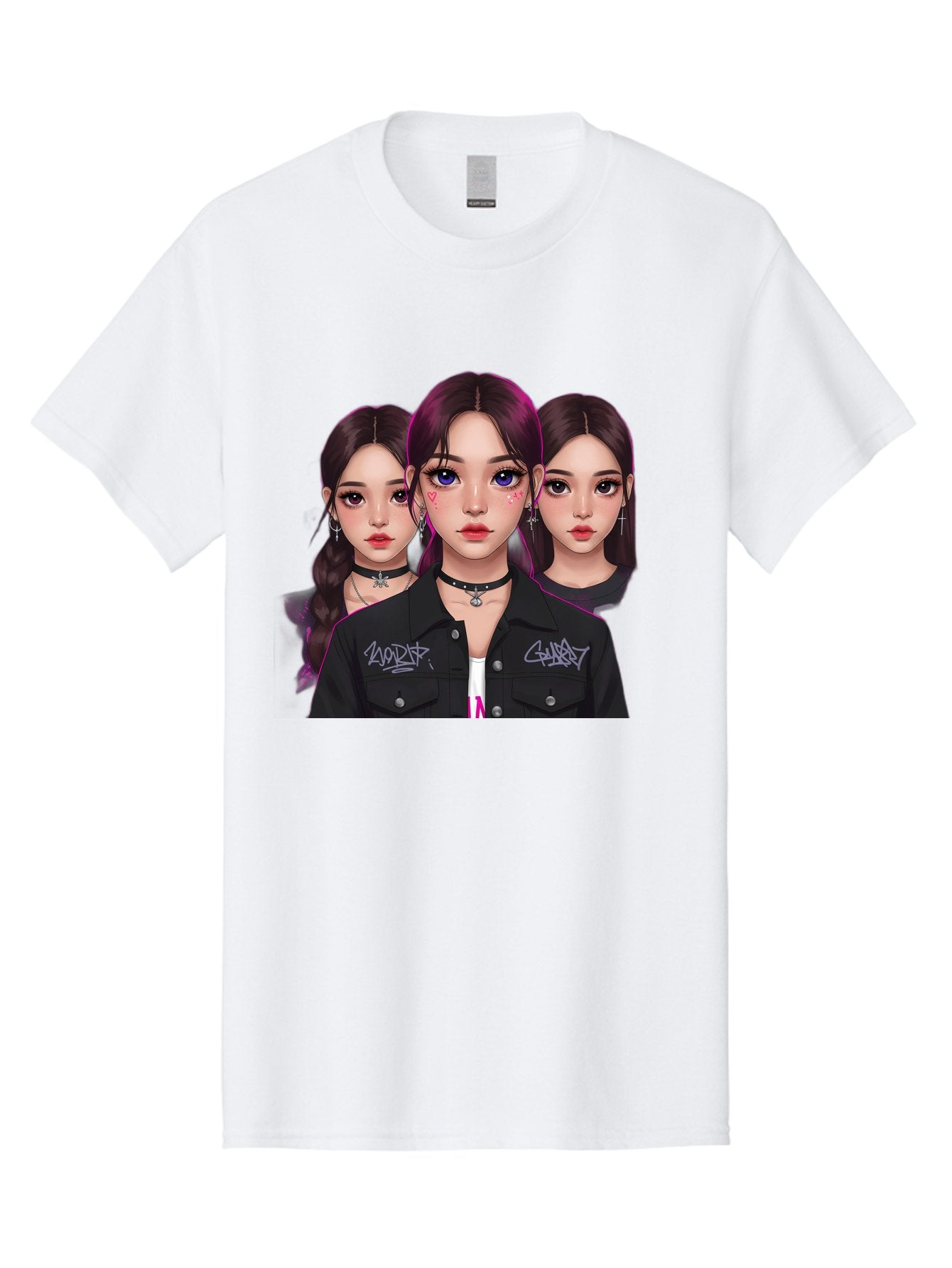 Three-Faced-Woman-Portrait Men'S Graphic Tee, 100% Cotton, Comfortable Casual Summer Wear, Machine Washable, K-Pop Idols, Fashion Style, Edgy Look, Dark Hair, Bold Makeup, Choker Necklaces, Graffiti Jacket, Girl Power, Korean Pop Culture Bac515