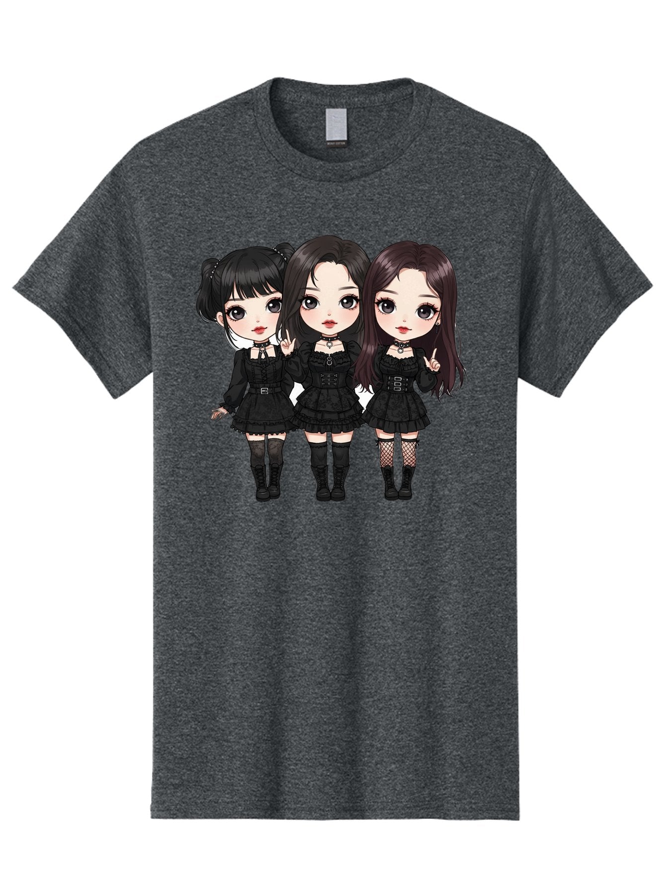 Three-Girls-In-Black-Dresses Men'S Graphic Tee, 100% Cotton, Comfortable Casual Summer Wear, Machine Washable, Gothic Cartoon Girls, Anime Style, Black Dresses, Fishnet Tights, Cartoon Characters, Fashionable Outfits, Chibi Art Bac516