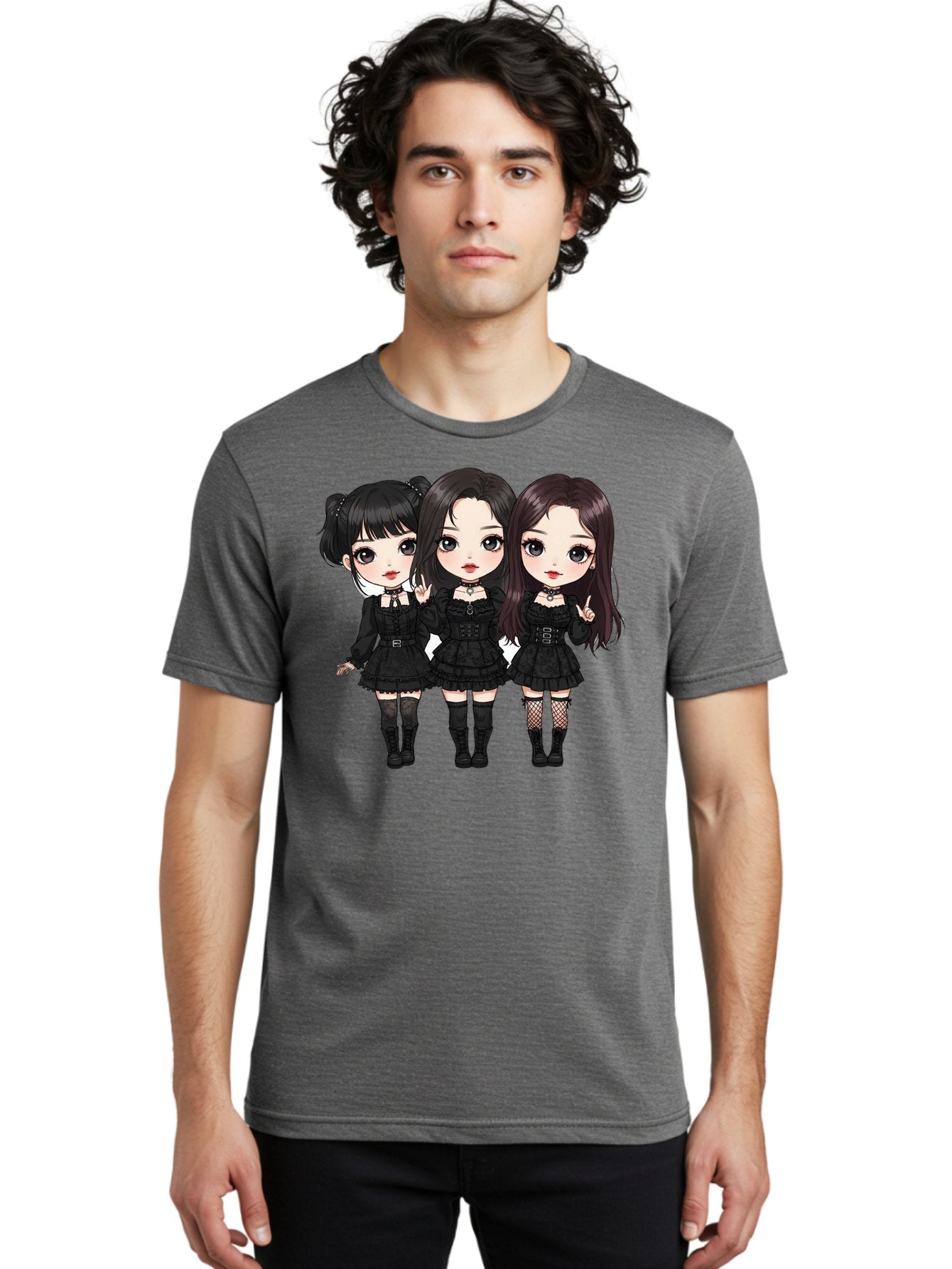Three-Girls-In-Black-Dresses Men'S Graphic Tee, 100% Cotton, Comfortable Casual Summer Wear, Machine Washable, Gothic Cartoon Girls, Anime Style, Black Dresses, Fishnet Tights, Cartoon Characters, Fashionable Outfits, Chibi Art Bac516 24