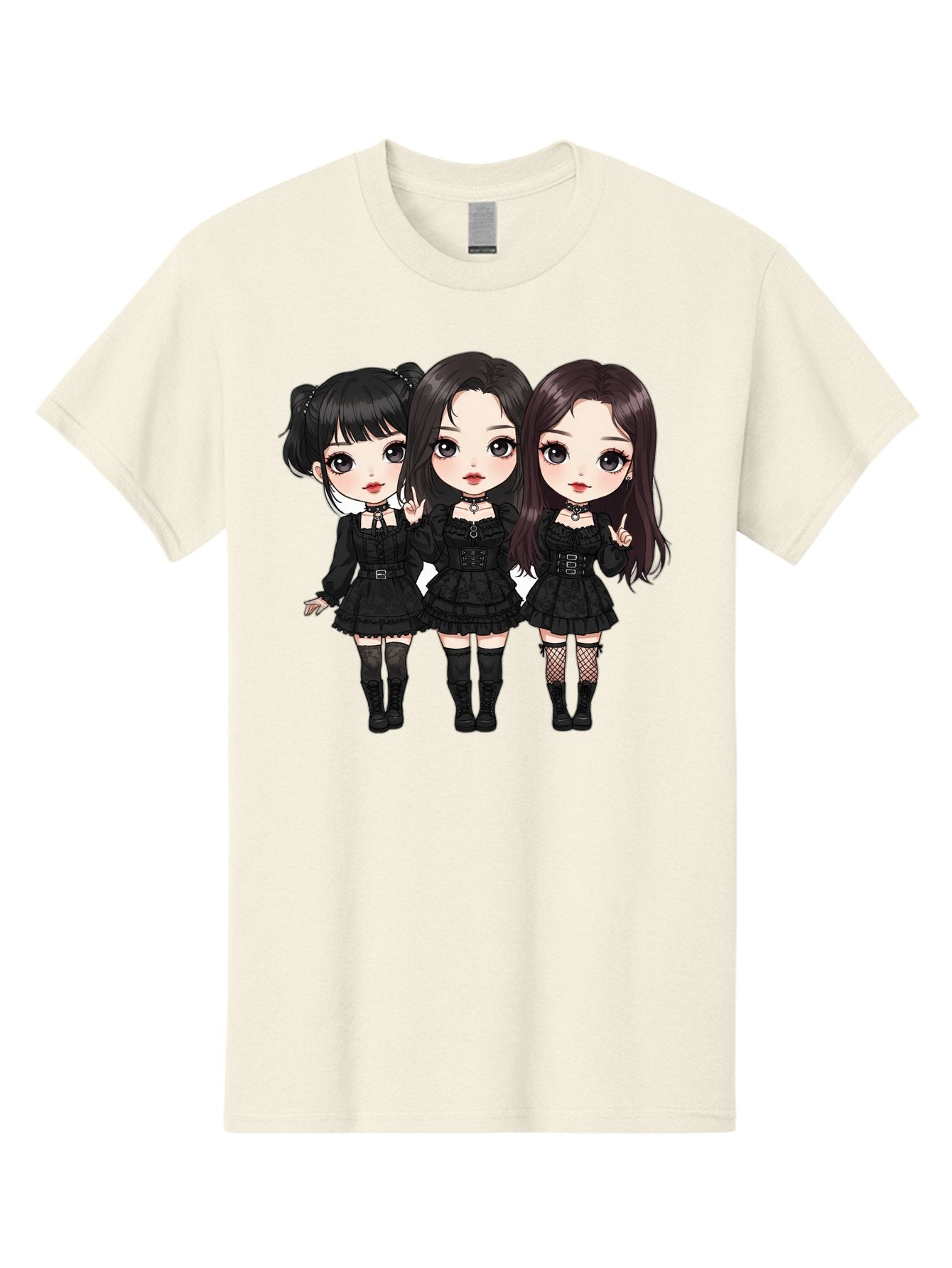 Three-Girls-In-Black-Dresses Men'S Graphic Tee, 100% Cotton, Comfortable Casual Summer Wear, Machine Washable, Gothic Cartoon Girls, Anime Style, Black Dresses, Fishnet Tights, Cartoon Characters, Fashionable Outfits, Chibi Art Bac516