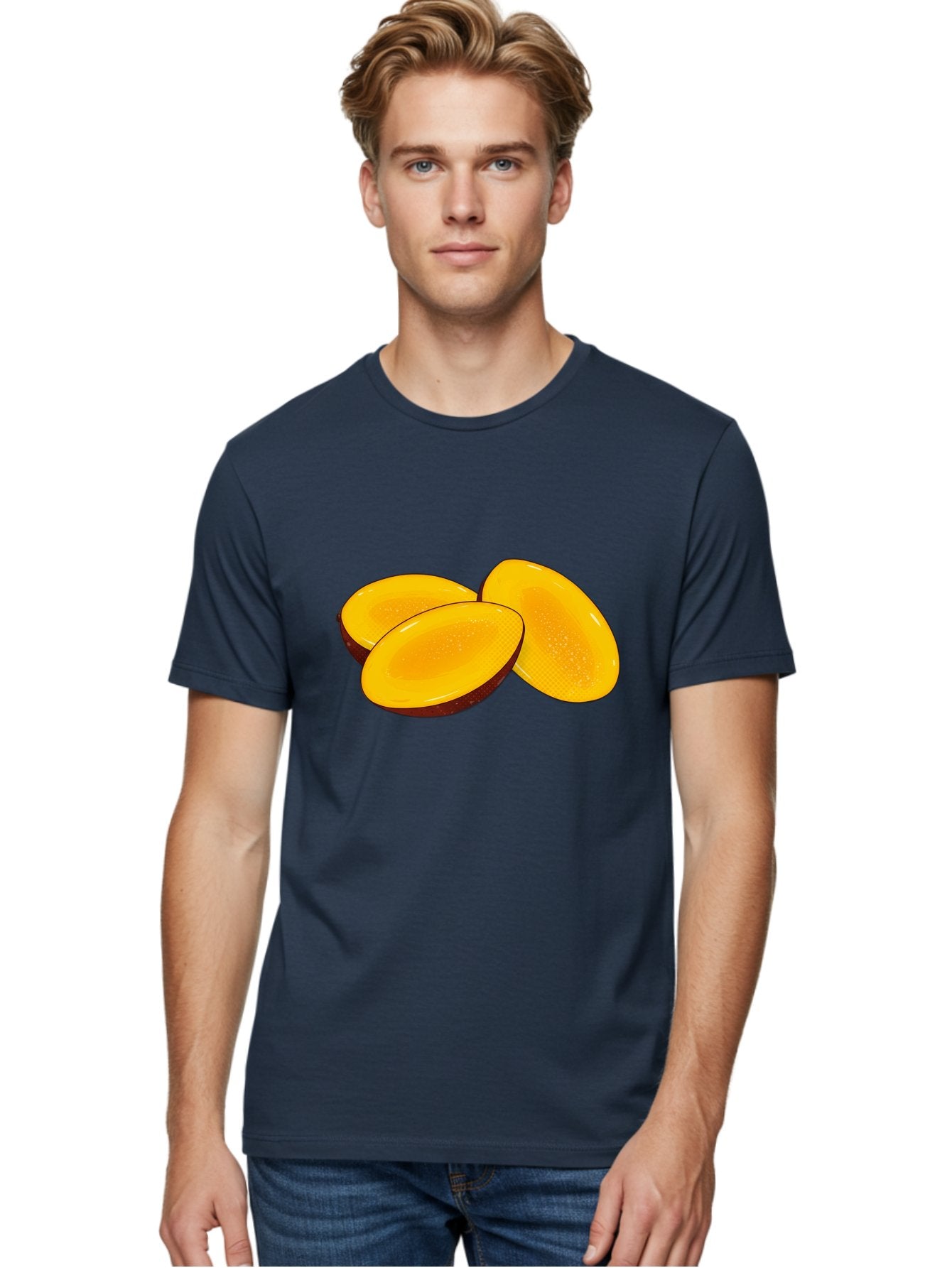 Three-Mango-Slices Men'S Graphic Tee, 100% Cotton, Comfortable Casual Summer Wear, Machine Washable, Mango Slices, Tropical Fruit, Yellow Fruit, Fruit Illustration, Sliced Mango, Healthy Snack, Vibrant Yellow, Fresh Fruit Bac517 20