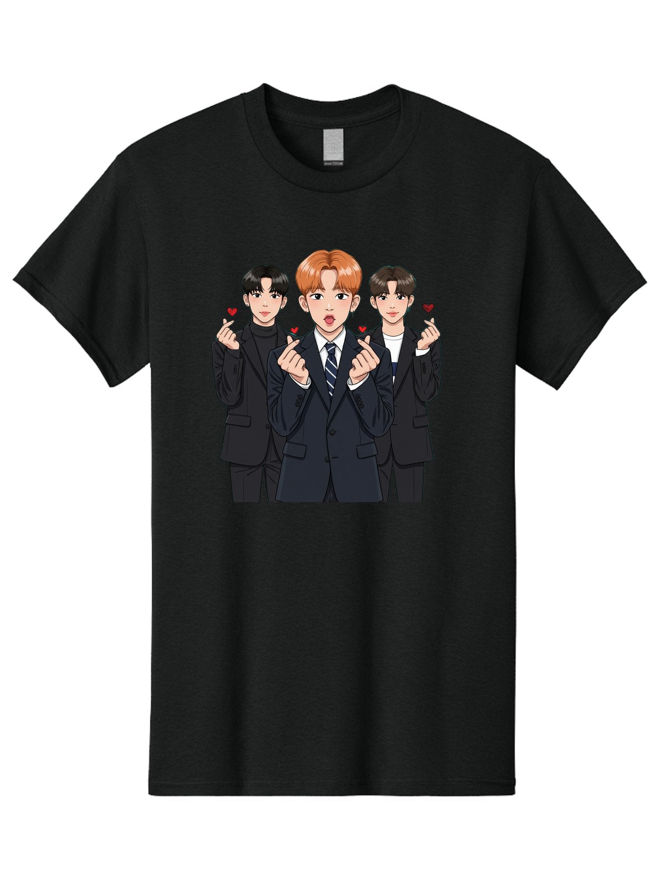 Three-Men-In-Suits-With-Hearts Men'S Graphic Tee, 100% Cotton, Comfortable Casual Summer Wear, Machine Washable, Young Men In Suits, Kpop Idols, Cartoon Style, Heart Gestures, Fashionable Clothing, Modern Boys, Stylish Outfits, Group Portrait, Bac518 6