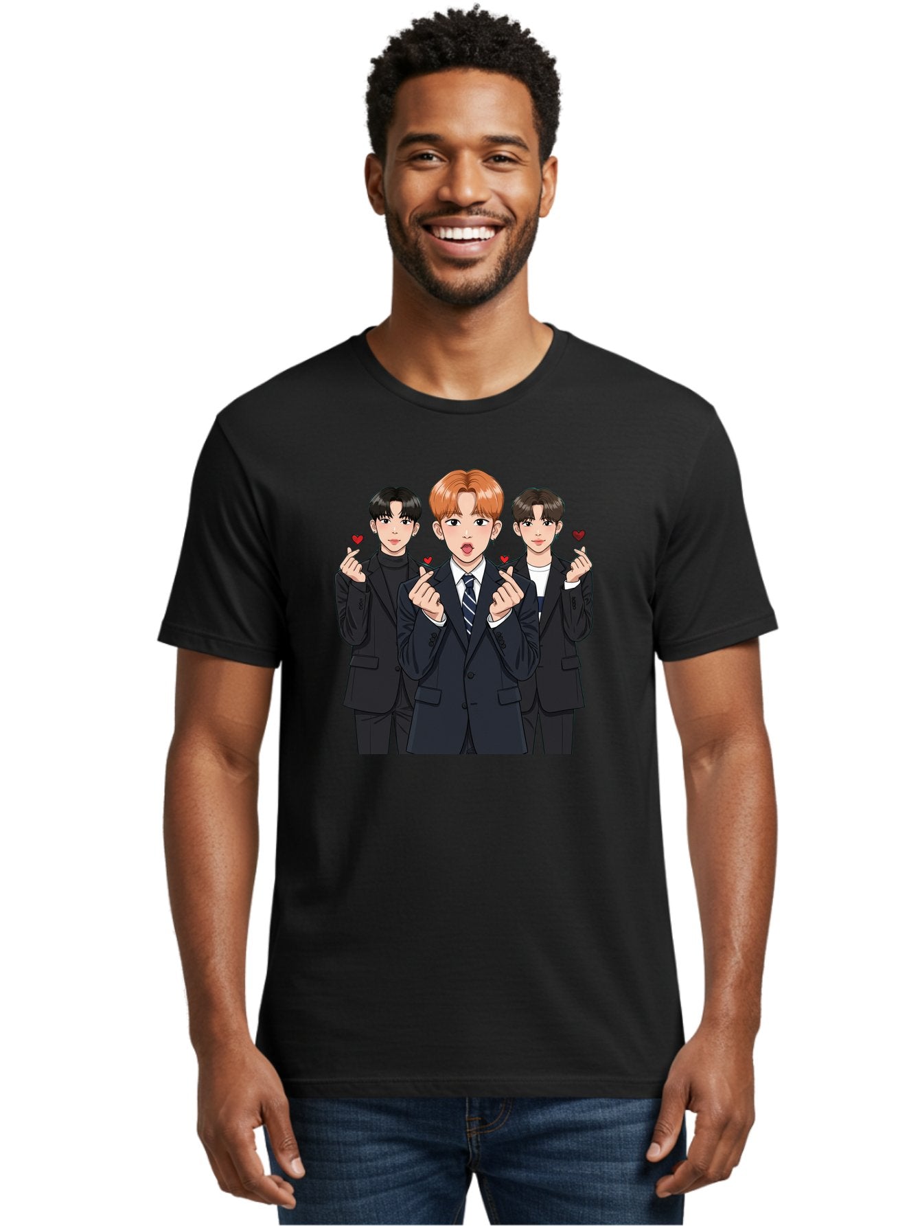 Three-Men-In-Suits-With-Hearts Men'S Graphic Tee, 100% Cotton, Comfortable Casual Summer Wear, Machine Washable, Young Men In Suits, Kpop Idols, Cartoon Style, Heart Gestures, Fashionable Clothing, Modern Boys, Stylish Outfits, Group Portrait, Bac518 24