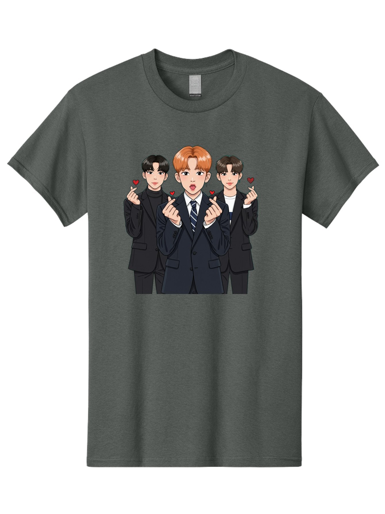 Three-Men-In-Suits-With-Hearts Men'S Graphic Tee, 100% Cotton, Comfortable Casual Summer Wear, Machine Washable, Young Men In Suits, Kpop Idols, Cartoon Style, Heart Gestures, Fashionable Clothing, Modern Boys, Stylish Outfits, Group Portrait, Bac518 7