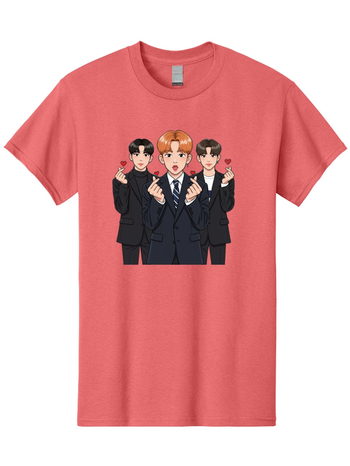 Three-Men-In-Suits-With-Hearts Men'S Graphic Tee, 100% Cotton, Comfortable Casual Summer Wear, Machine Washable, Young Men In Suits, Kpop Idols, Cartoon Style, Heart Gestures, Fashionable Clothing, Modern Boys, Stylish Outfits, Group Portrait, Bac518 10
