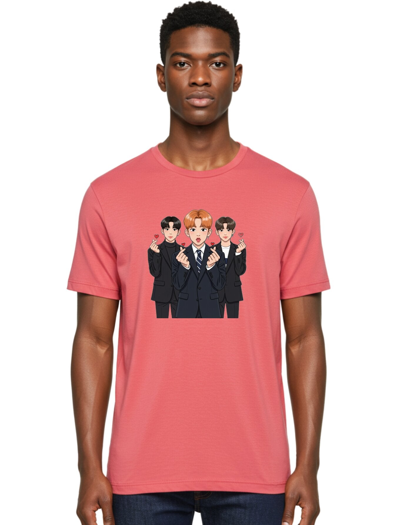 Three-Men-In-Suits-With-Hearts Men'S Graphic Tee, 100% Cotton, Comfortable Casual Summer Wear, Machine Washable, Young Men In Suits, Kpop Idols, Cartoon Style, Heart Gestures, Fashionable Clothing, Modern Boys, Stylish Outfits, Group Portrait, Bac518 17