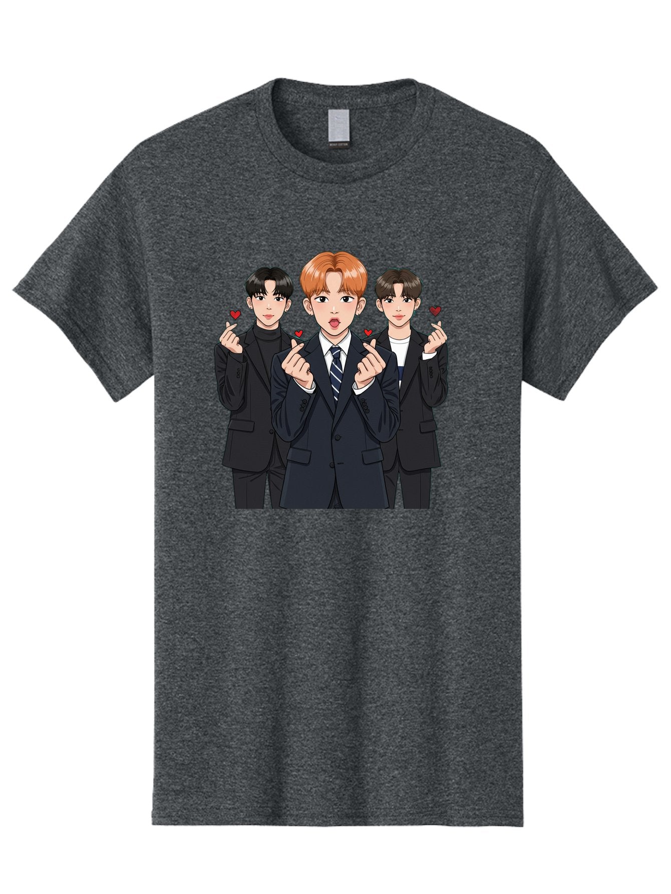 Three-Men-In-Suits-With-Hearts Men'S Graphic Tee, 100% Cotton, Comfortable Casual Summer Wear, Machine Washable, Young Men In Suits, Kpop Idols, Cartoon Style, Heart Gestures, Fashionable Clothing, Modern Boys, Stylish Outfits, Group Portrait, Bac518 12