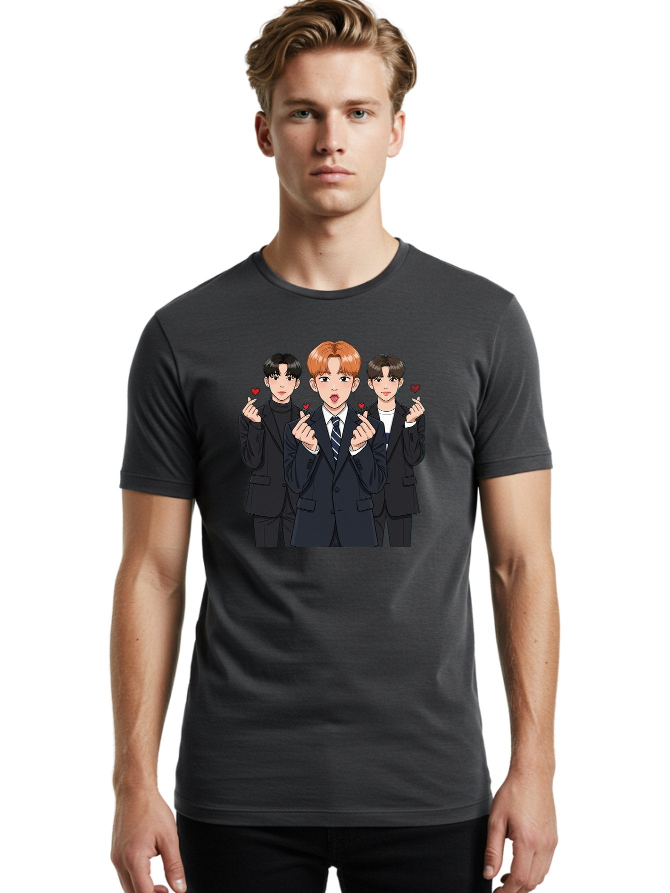 Three-Men-In-Suits-With-Hearts Men'S Graphic Tee, 100% Cotton, Comfortable Casual Summer Wear, Machine Washable, Young Men In Suits, Kpop Idols, Cartoon Style, Heart Gestures, Fashionable Clothing, Modern Boys, Stylish Outfits, Group Portrait, Bac518 28