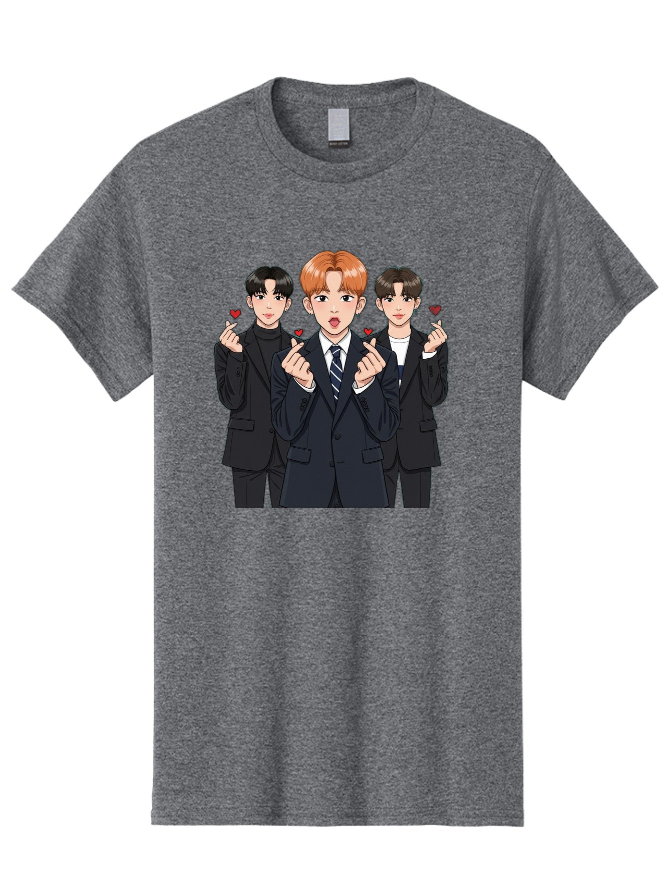 Three-Men-In-Suits-With-Hearts Men'S Graphic Tee, 100% Cotton, Comfortable Casual Summer Wear, Machine Washable, Young Men In Suits, Kpop Idols, Cartoon Style, Heart Gestures, Fashionable Clothing, Modern Boys, Stylish Outfits, Group Portrait, Bac518 4