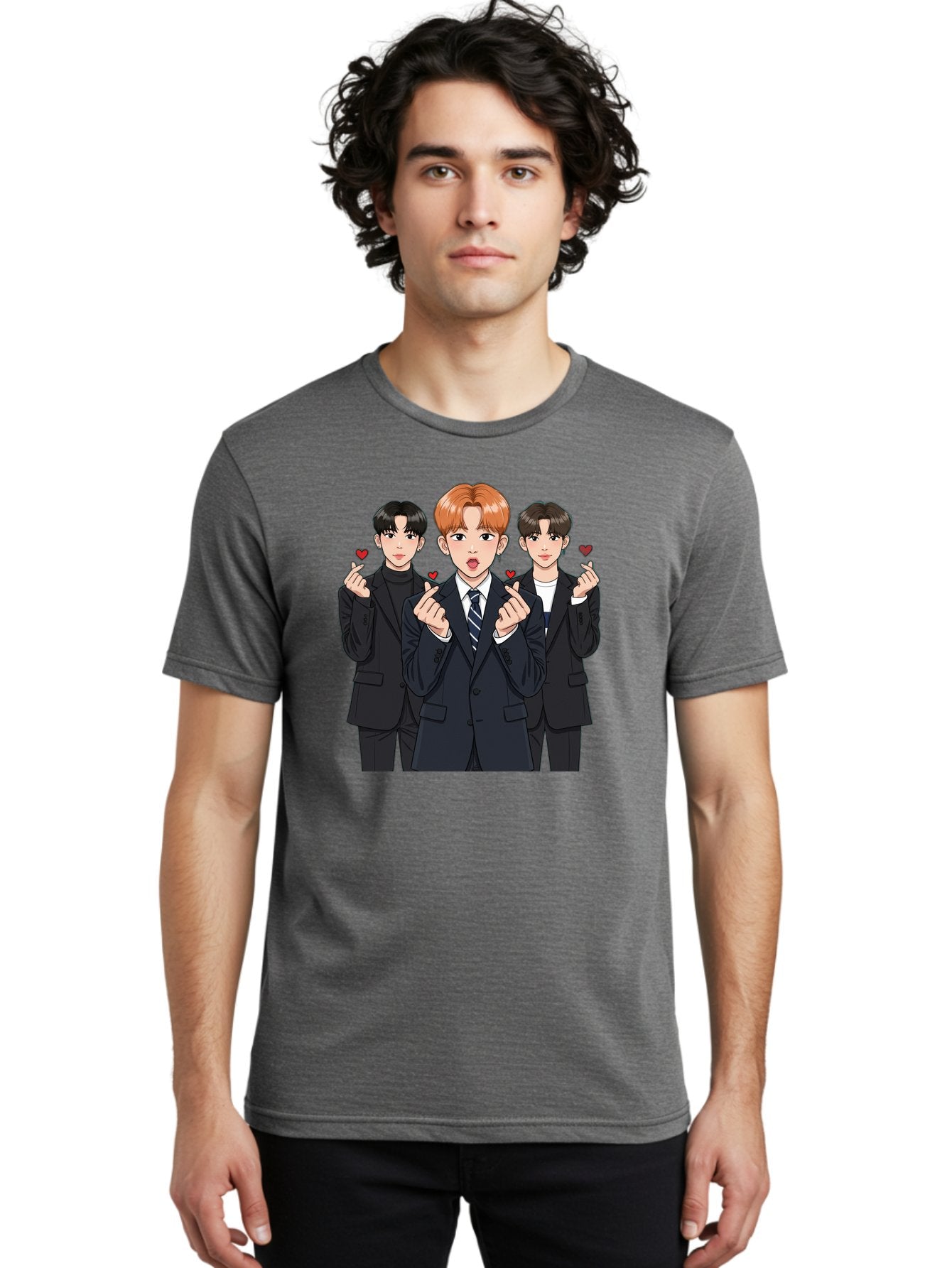 Three-Men-In-Suits-With-Hearts Men'S Graphic Tee, 100% Cotton, Comfortable Casual Summer Wear, Machine Washable, Young Men In Suits, Kpop Idols, Cartoon Style, Heart Gestures, Fashionable Clothing, Modern Boys, Stylish Outfits, Group Portrait, Bac518 18