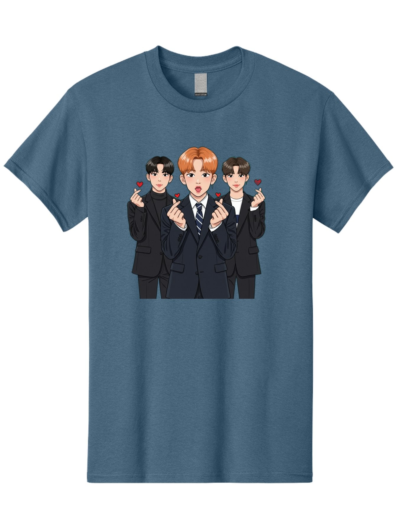 Three-Men-In-Suits-With-Hearts Men'S Graphic Tee, 100% Cotton, Comfortable Casual Summer Wear, Machine Washable, Young Men In Suits, Kpop Idols, Cartoon Style, Heart Gestures, Fashionable Clothing, Modern Boys, Stylish Outfits, Group Portrait, Bac518 8