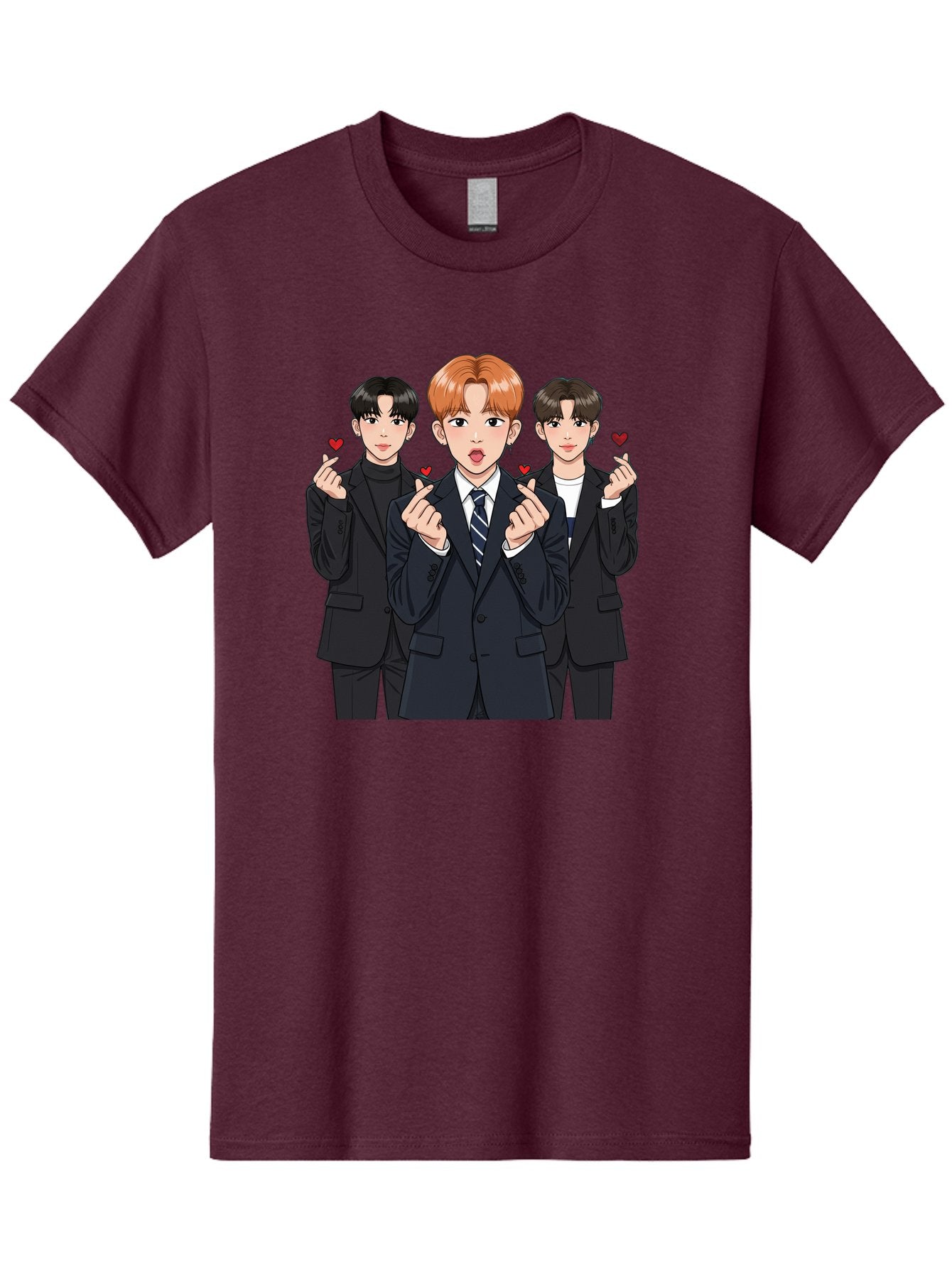 Three-Men-In-Suits-With-Hearts Men'S Graphic Tee, 100% Cotton, Comfortable Casual Summer Wear, Machine Washable, Young Men In Suits, Kpop Idols, Cartoon Style, Heart Gestures, Fashionable Clothing, Modern Boys, Stylish Outfits, Group Portrait, Bac518