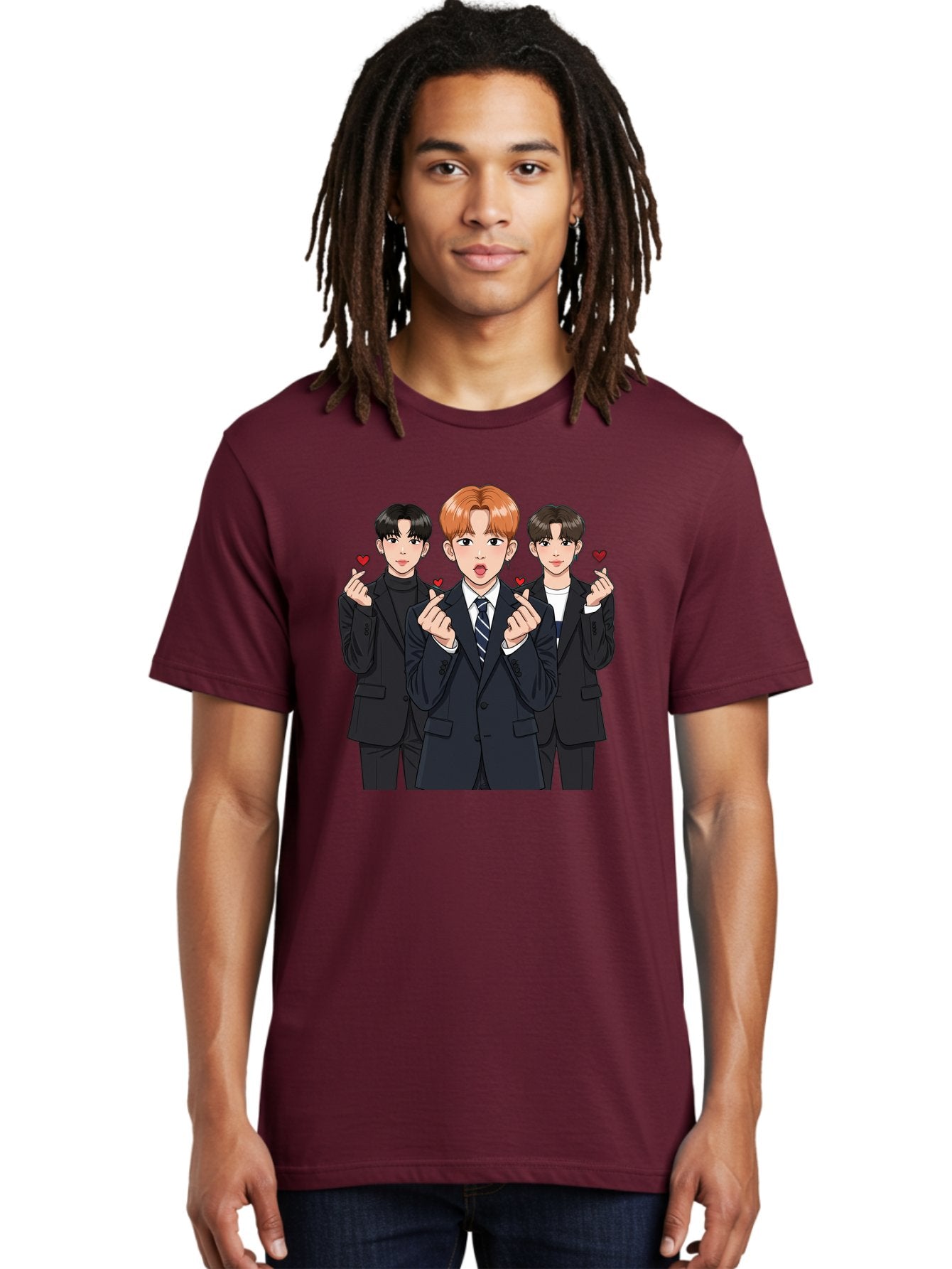 Three-Men-In-Suits-With-Hearts Men'S Graphic Tee, 100% Cotton, Comfortable Casual Summer Wear, Machine Washable, Young Men In Suits, Kpop Idols, Cartoon Style, Heart Gestures, Fashionable Clothing, Modern Boys, Stylish Outfits, Group Portrait, Bac518 19