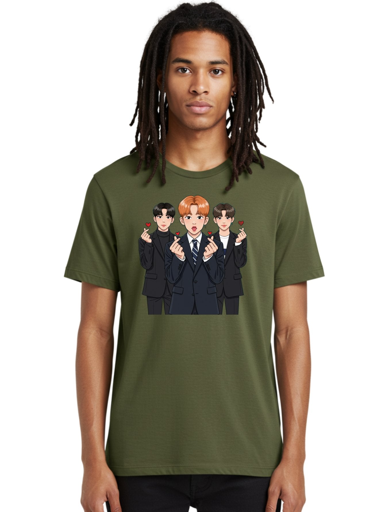 Three-Men-In-Suits-With-Hearts Men'S Graphic Tee, 100% Cotton, Comfortable Casual Summer Wear, Machine Washable, Young Men In Suits, Kpop Idols, Cartoon Style, Heart Gestures, Fashionable Clothing, Modern Boys, Stylish Outfits, Group Portrait, Bac518 22