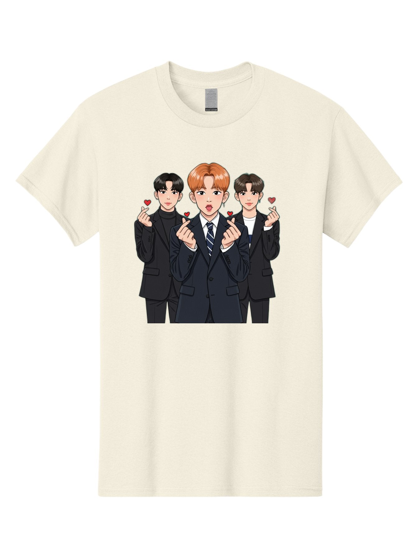 Three-Men-In-Suits-With-Hearts Men'S Graphic Tee, 100% Cotton, Comfortable Casual Summer Wear, Machine Washable, Young Men In Suits, Kpop Idols, Cartoon Style, Heart Gestures, Fashionable Clothing, Modern Boys, Stylish Outfits, Group Portrait, Bac518 5