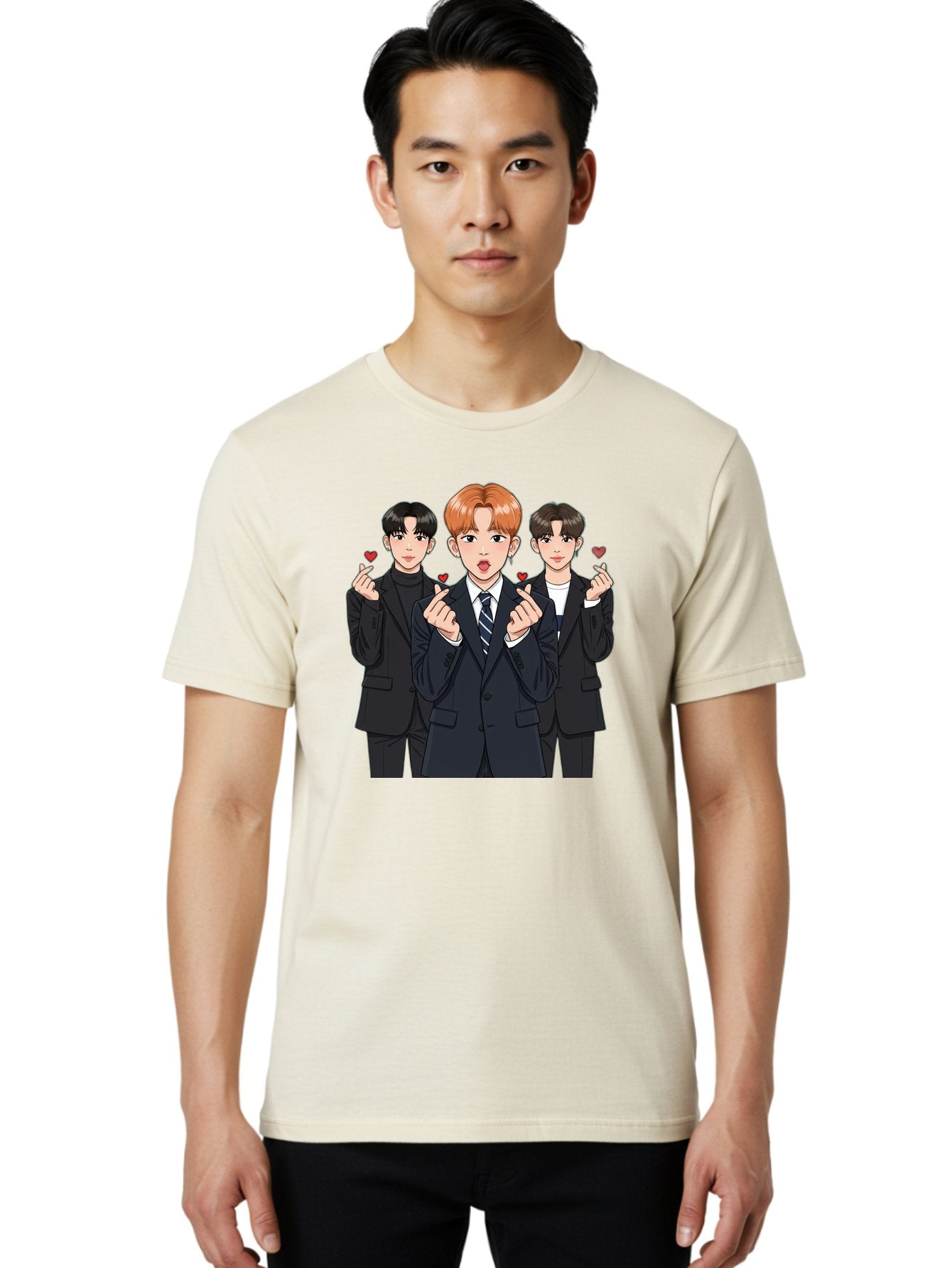 Three-Men-In-Suits-With-Hearts Men'S Graphic Tee, 100% Cotton, Comfortable Casual Summer Wear, Machine Washable, Young Men In Suits, Kpop Idols, Cartoon Style, Heart Gestures, Fashionable Clothing, Modern Boys, Stylish Outfits, Group Portrait, Bac518 23