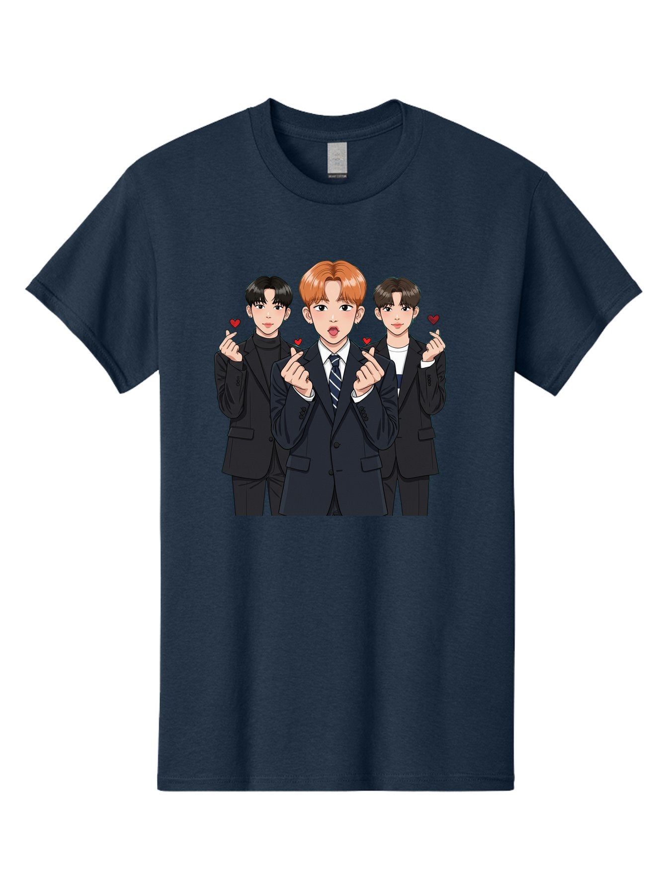 Three-Men-In-Suits-With-Hearts Men'S Graphic Tee, 100% Cotton, Comfortable Casual Summer Wear, Machine Washable, Young Men In Suits, Kpop Idols, Cartoon Style, Heart Gestures, Fashionable Clothing, Modern Boys, Stylish Outfits, Group Portrait, Bac518 11